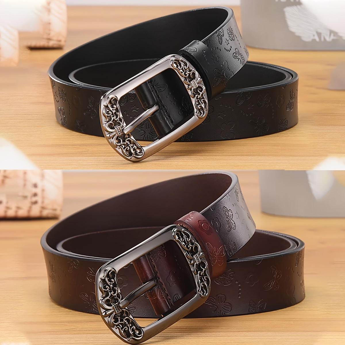 E-shop 2er-Pack PU-Leder verstellbarer Gürtel mit modischer Zinklegierung Schmetterlings-Design-Schnalle, Vintage Mantel- Kleidgürtel für Damen,