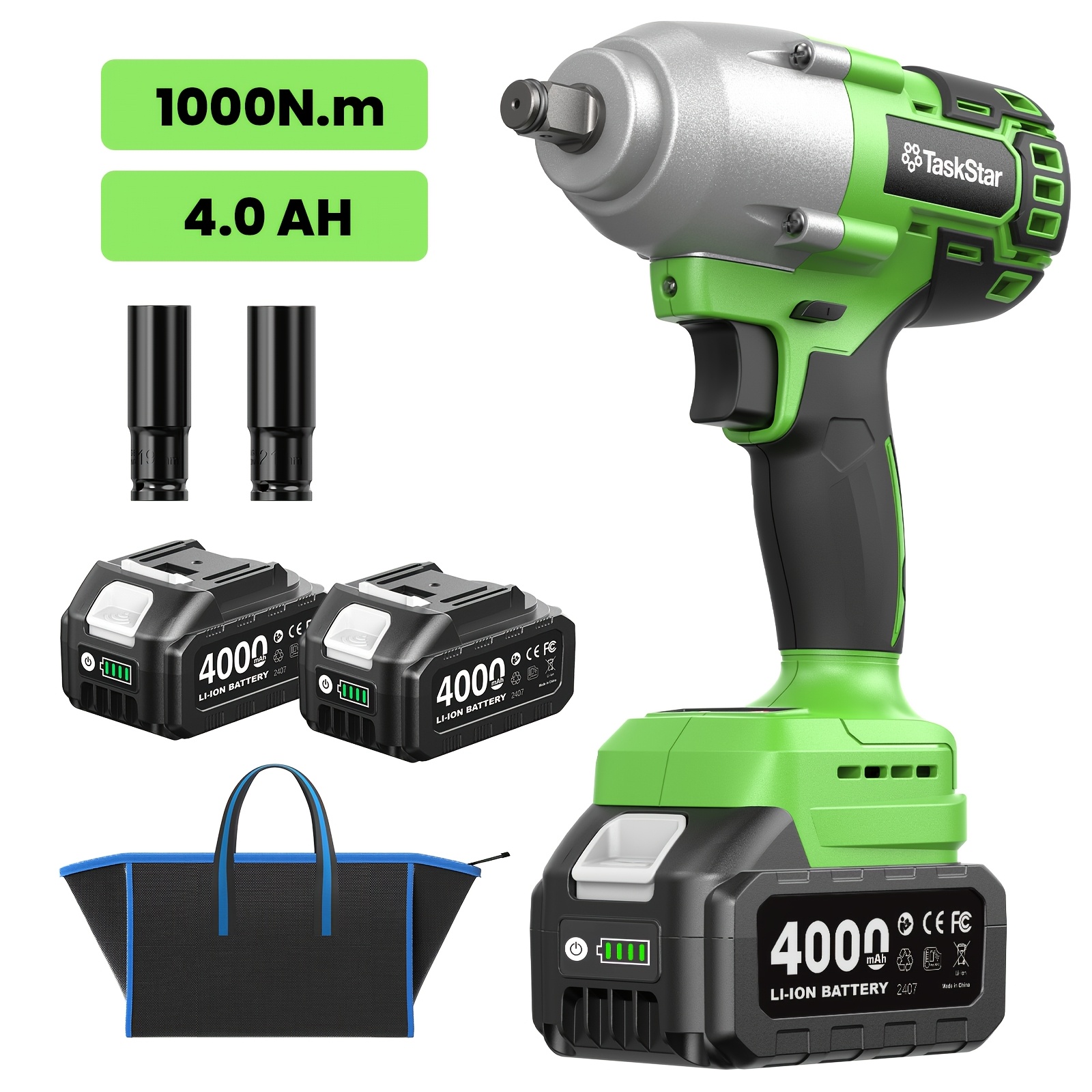 Image of Taskstar 1000n.m (738ft-lbs) Cordless Impact Wrench High Torque, 1/2" Brushless Impact Gun W/two 4.0ah Battery, Fast Charger, 5 Sockets & Storage Case, Electric Impact Wrench For Car Truck