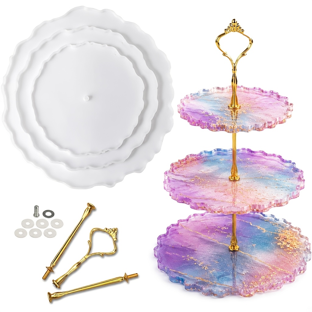 3 Tier Resin Tray Mold Kit, Round Silicone Mold Set With Golden Stand Hardware, Resin Display Holder Mold For Jewelry, Candles, Flowers, Home Decor Crafts