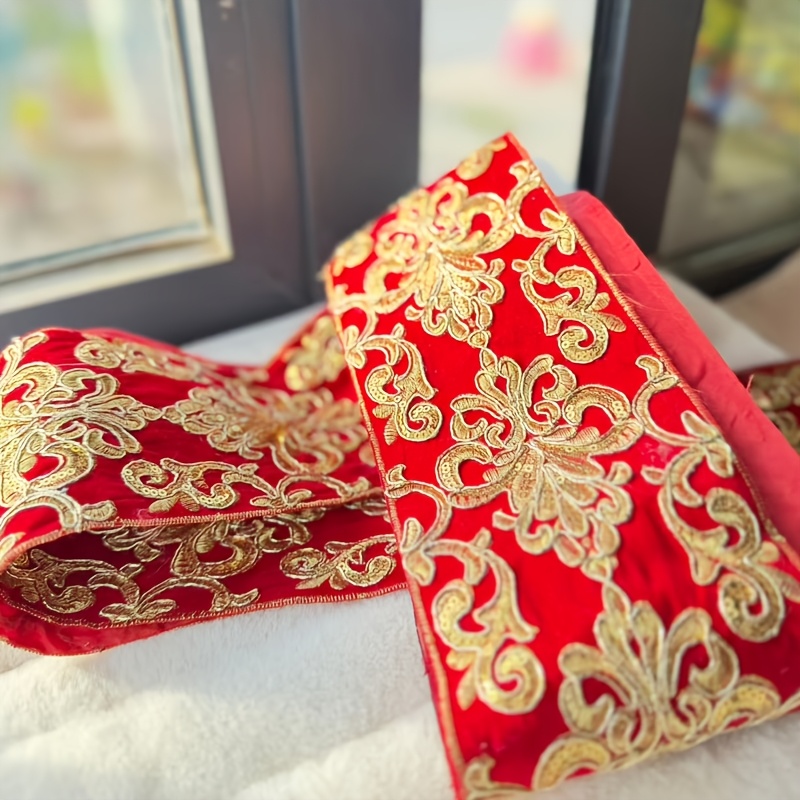 1 Pack Red and Golden Embroidered Lace with Velvet Backing