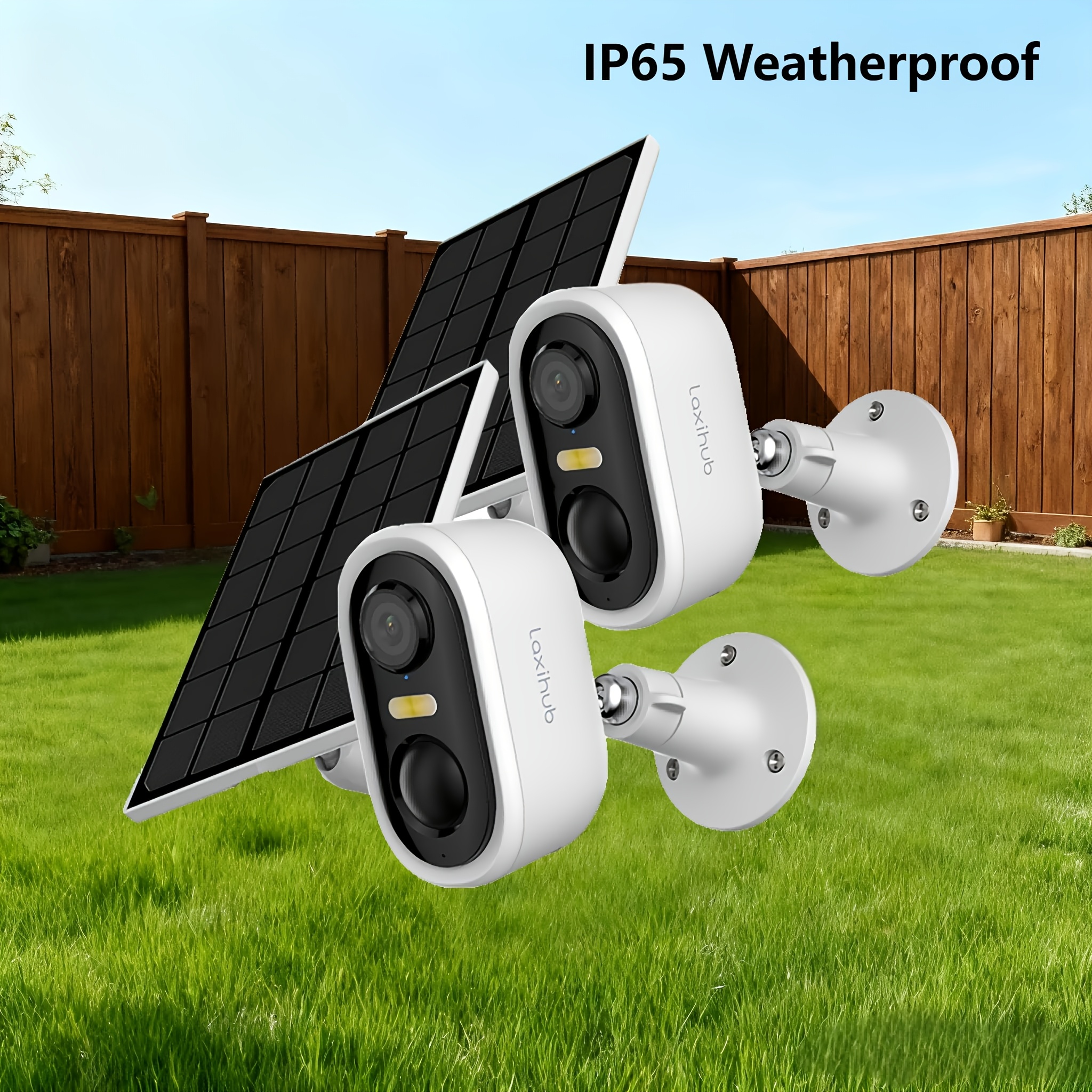 TEMU Caméras de sécurité fil vidéo Laxihub 1296P, vision couleur avec projecteur, caméras extérieures à solaire, détection PIR, audio bidirectionnel,