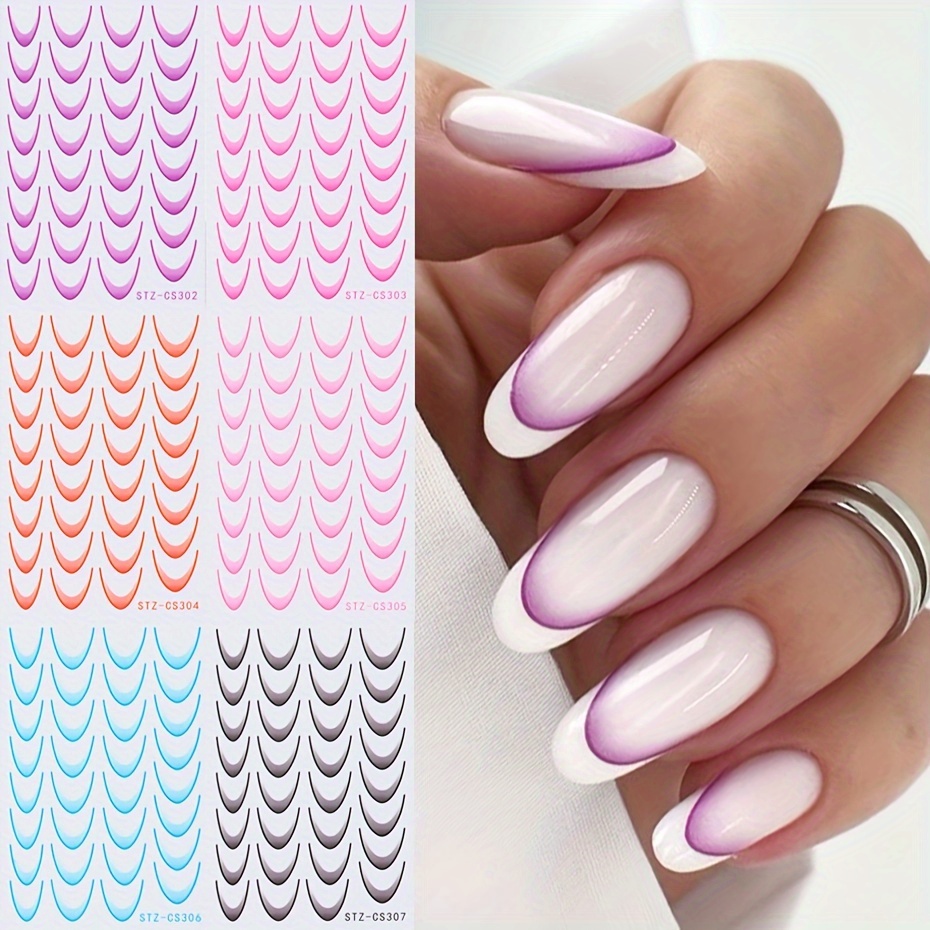 

6pcs French Manicure Nail Art Stickers - Self-adhesive Gradient Swirls In Pink, Purple, Blue, Orange, Black | Easy Diy Ombre Design Decals For Perfect Nails