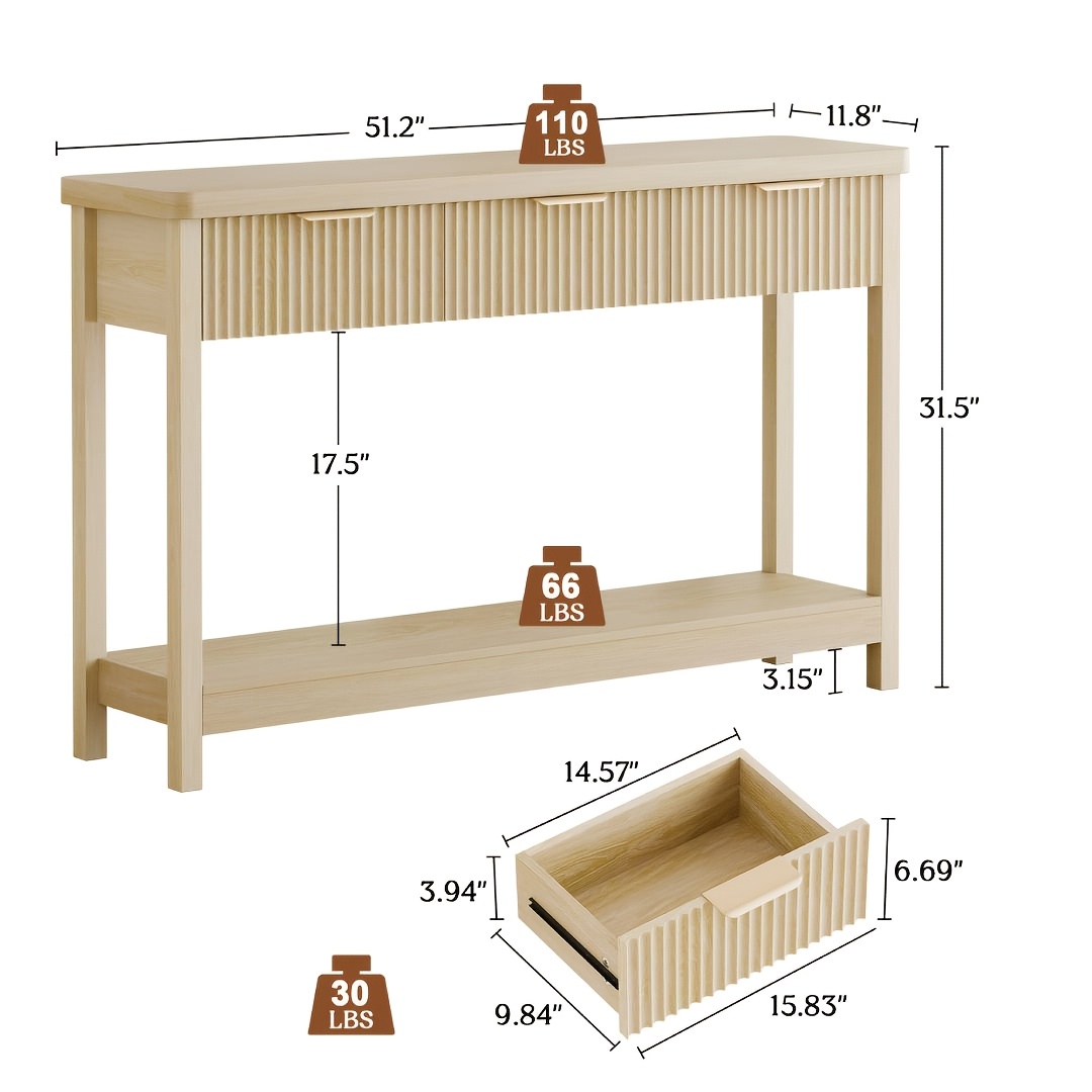 51 IN Fluted Console Table with 3 Drawers, Modern Entryway Table with Metal Handles, Sturdy Solid Wood Design, Hallway Table with Storage, for Living Room And Hallway