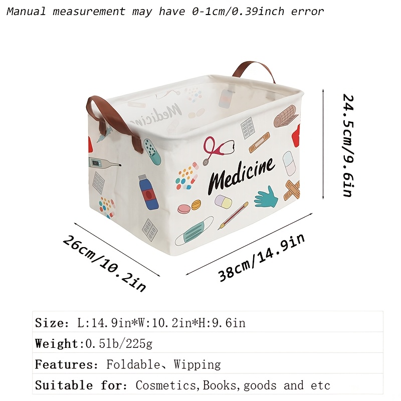 TEMU 1pc Cute Medicine Rectangular Collapsible Storage Basket With Handles, Foldable Organizer Bin, Multipurpose Container For Pills Bandages Medical