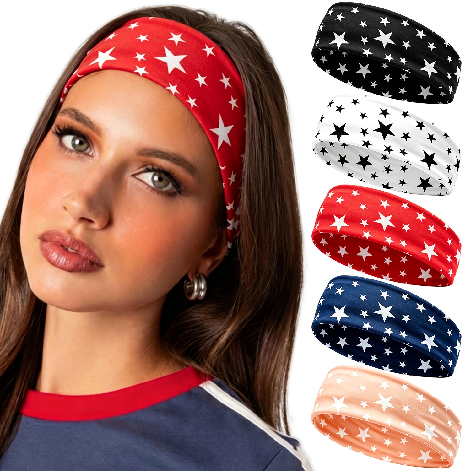TEMU 5pcs Bohemian Style Women's Yoga Sports Headbands, Comfortable Non-slip Elastic Headbands, Women's Casual Fashion Pentagram Hair Accessories,