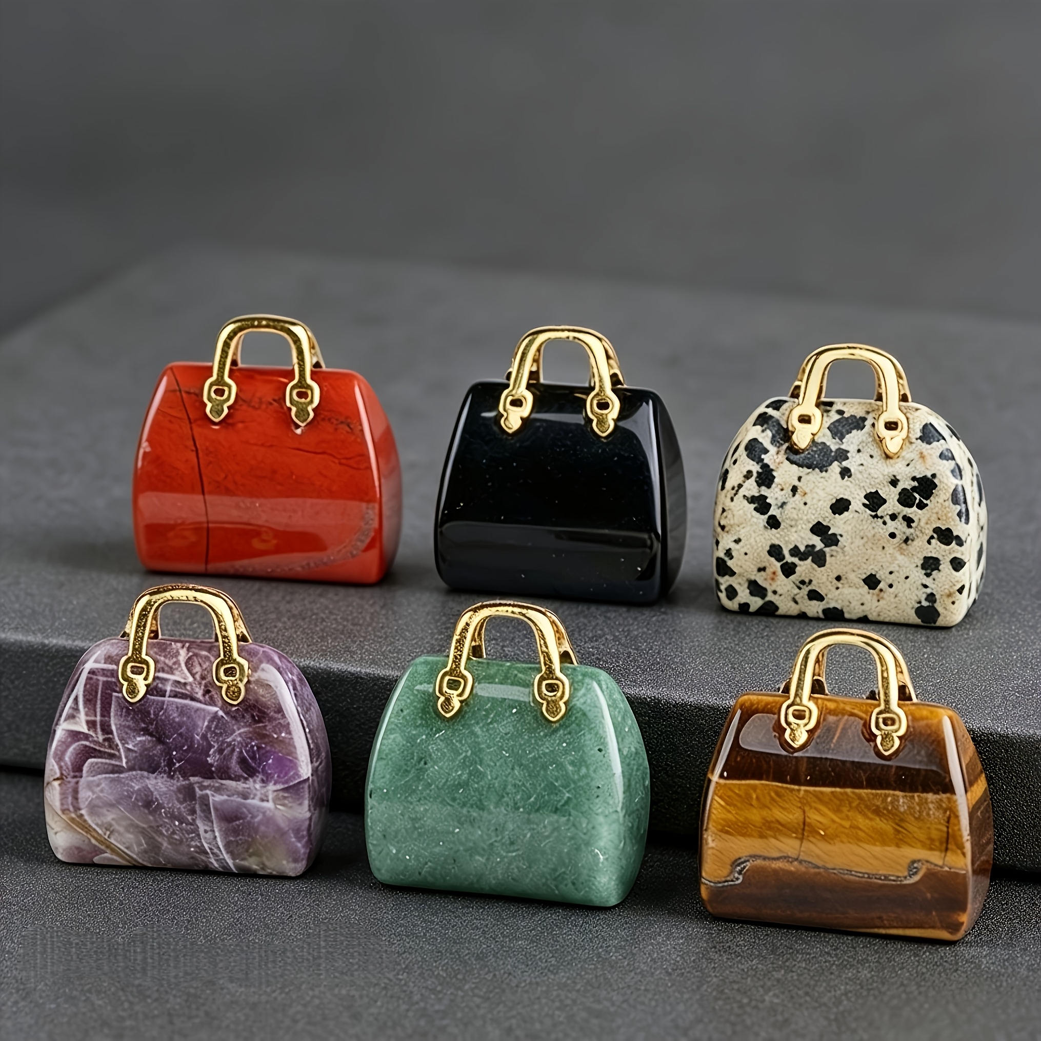 TEMU 6pcs Set Of Natural Handbag Charms, Random Mixed Color Carved Gemstone Mini Purse Ornaments, Aura Chakra Desktop Decorative Stones, Exquisite