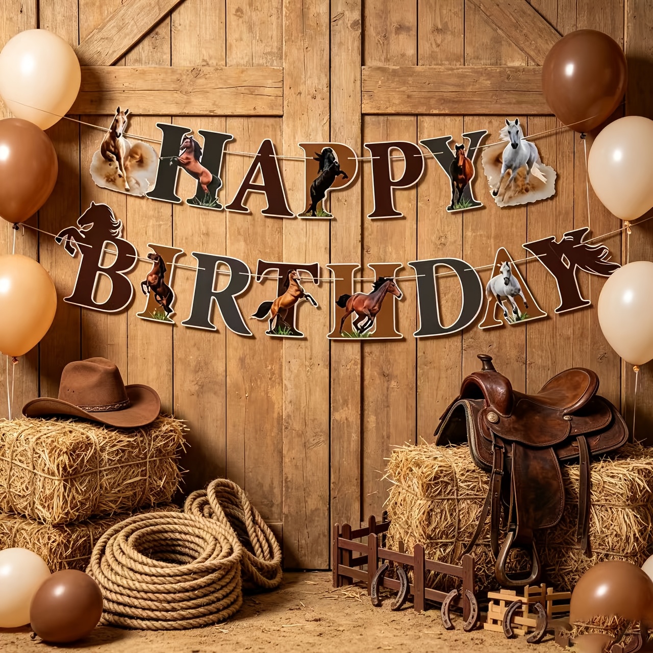 TEMU 1 Lot de Bannières sur le Thème du Cheval, Adaptées aux Rassemblements Familiaux de Fêtes, Décorations de Fête d'Anniversaire, Bannières de