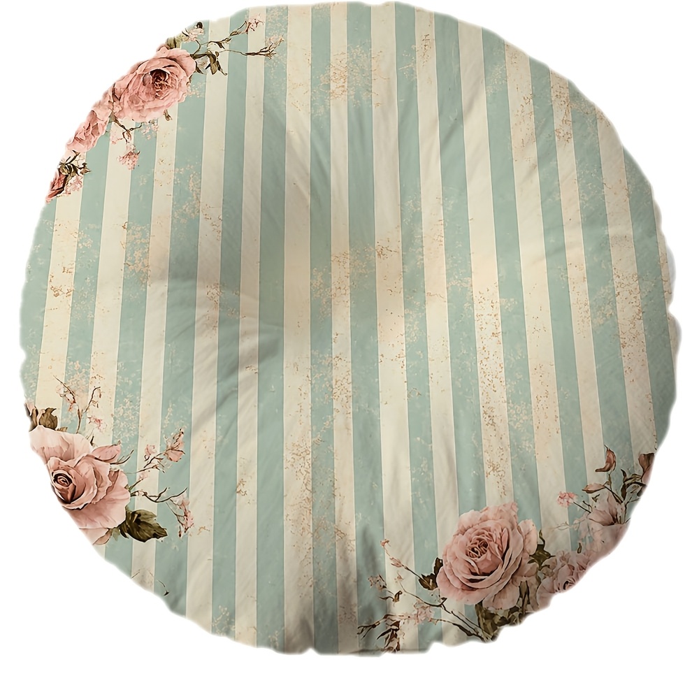TEMU Coussin Rond Vintage à Rayures Roses, 1pc Impression Plate 2D Shabby Chic Floral avec Garniture et Fermeture Éclair pour Canapé Chambre Salon