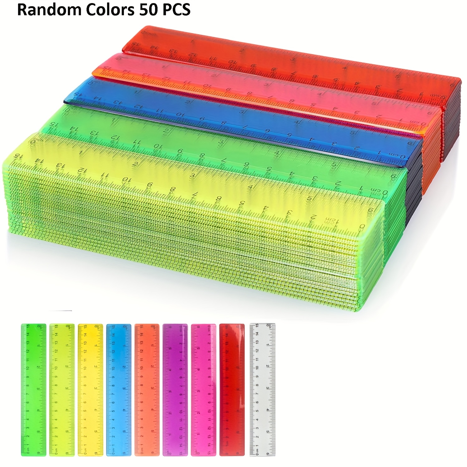 TEMU 50pcs 80pcs Rulers Bulk 6 Inch (15cm) Plastic Colorful Flexible Small Straight Rulers With Inches And Centimeters Office Supplies