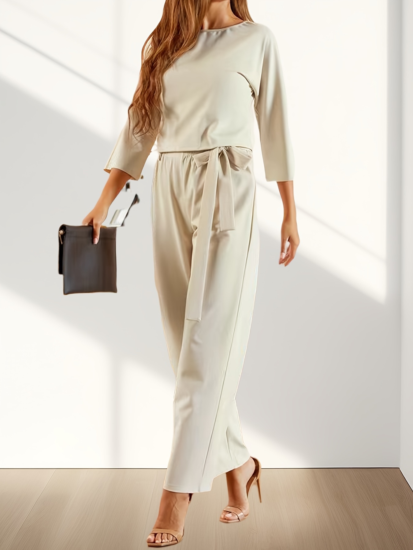 Elegant Solid Two-piece Set, Lantern Sleeve Wrap Tied Top & Wide Leg Pants  Outfits, Women's Clothing