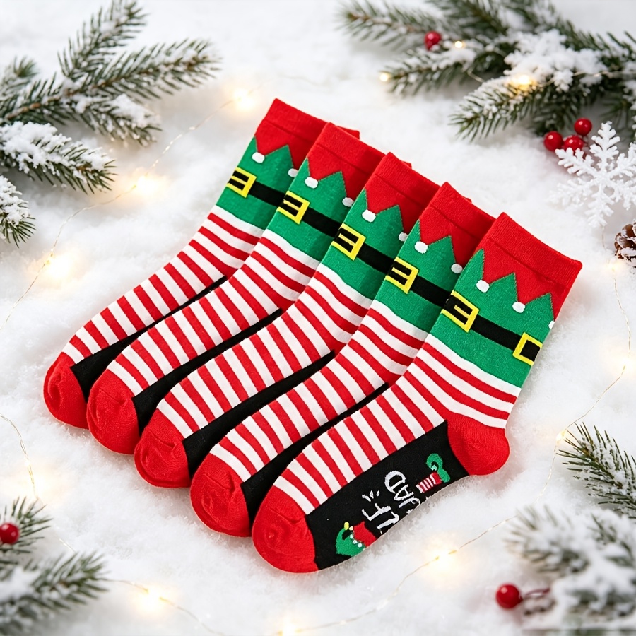 TEMU 5 Pairs Christmas Elf Mid-calf Socks, Red And White Striped Cartoon Holiday Socks, Fun Novelty Mid-calf Socks, Warm Casual Unisex Gift Socks