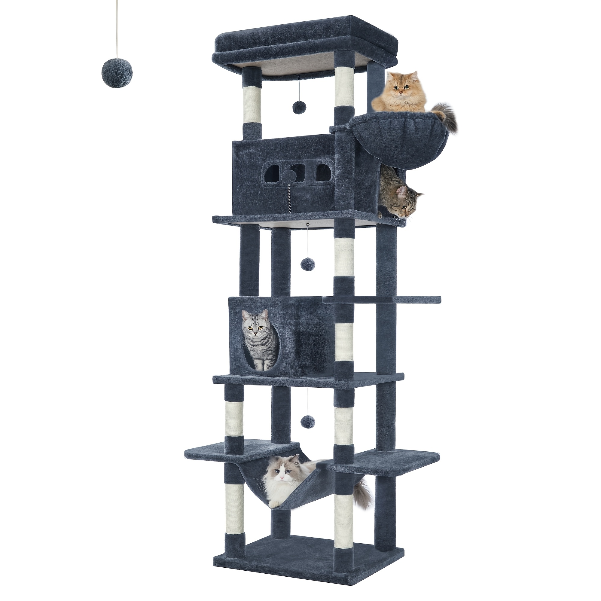 E-shop Katzenbaum für Wohnungskatze, 210 cm hoher Katzenturm mit mehreren Ebenen, Kratzpfosten, Hängematte und 4 Pompons