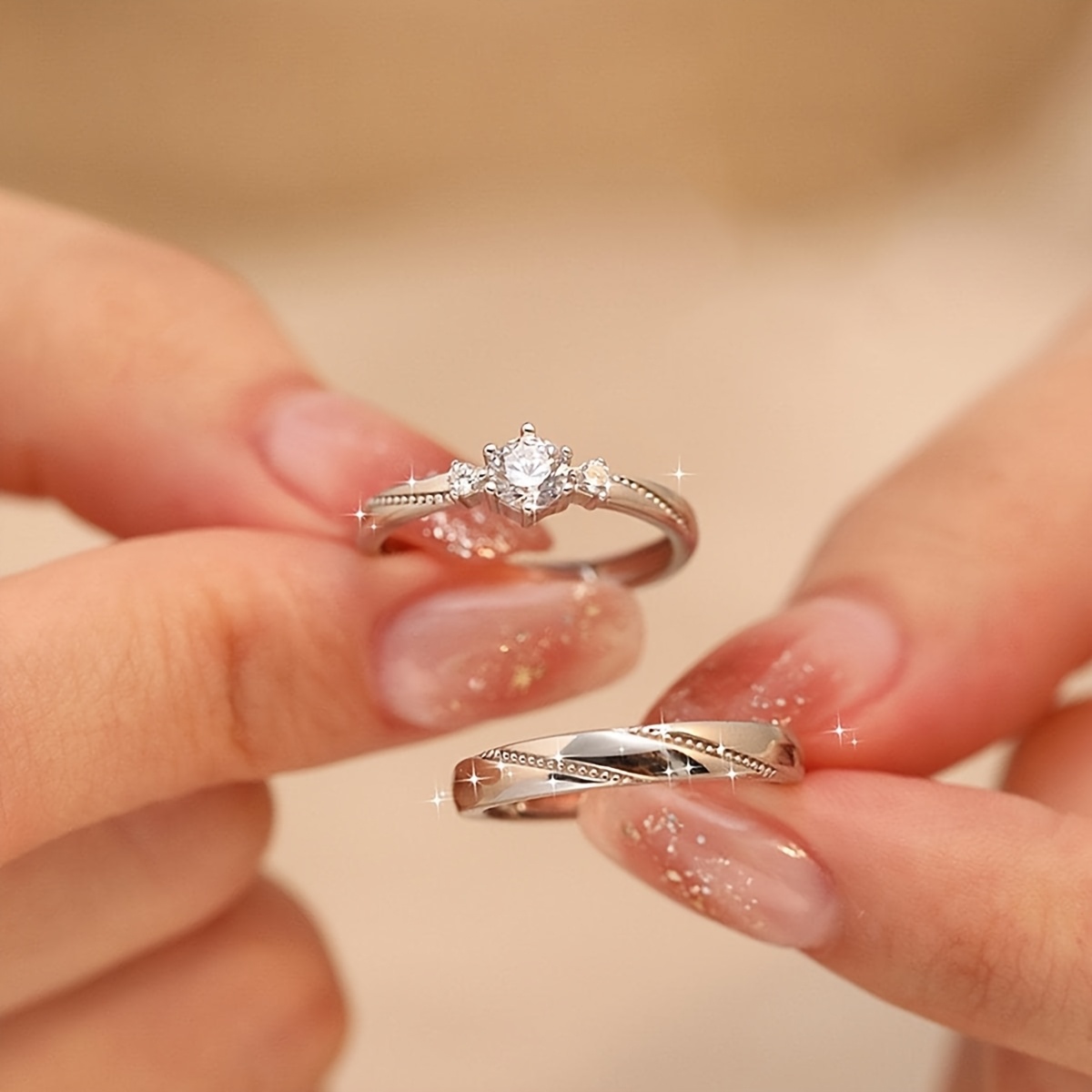 TEMU Set anelli da in rame /argentato con pietre CZ, anello nuziale, anelli per donne, stile nuziale minimalista ed elegante, per fidanzamenti, , uso