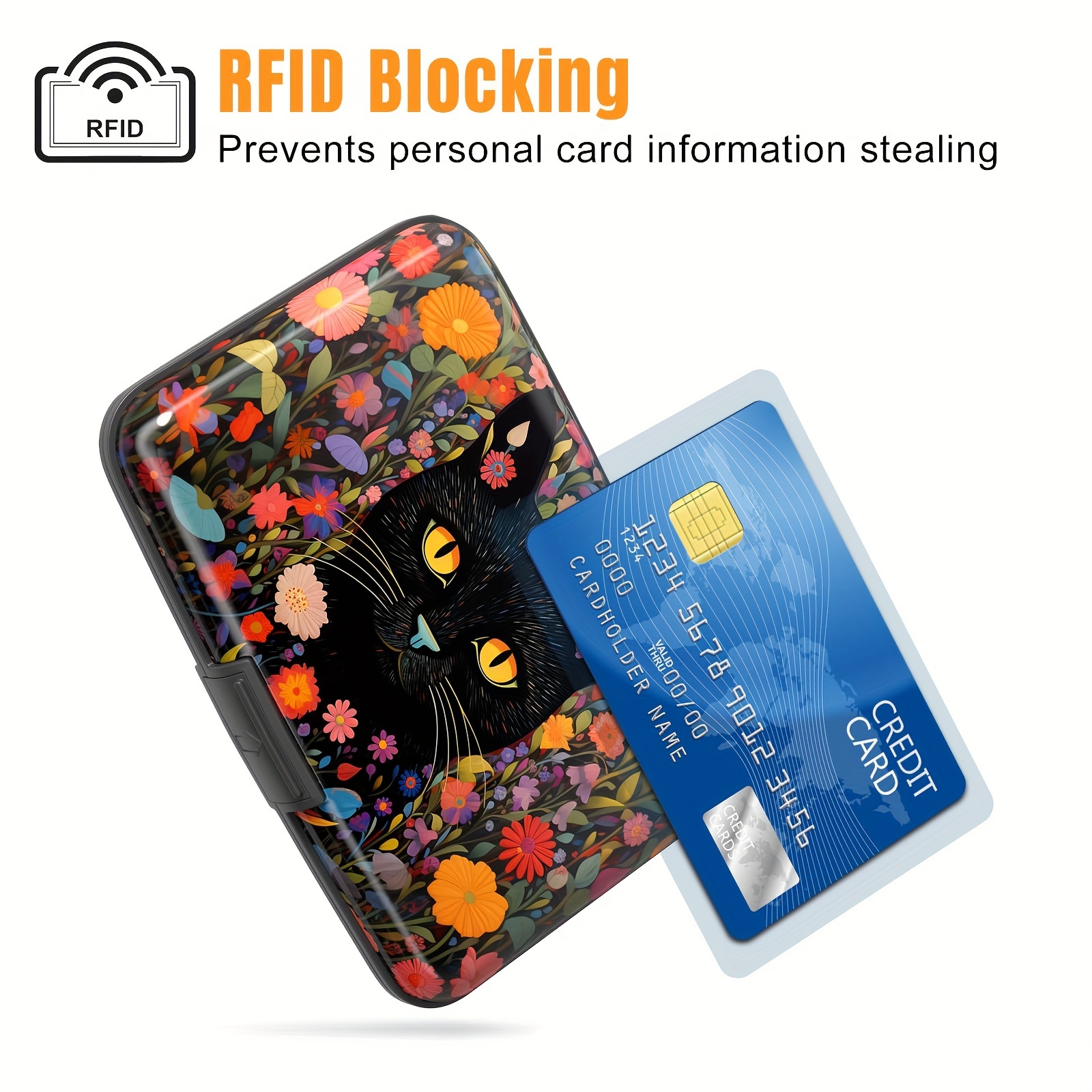 

Aluminum Credit Card Holder, Mini Credit Card Wallet Rfid-blocking Ultra-thin Metal Hard Shell, Suitable For Women Men, Flower Cats