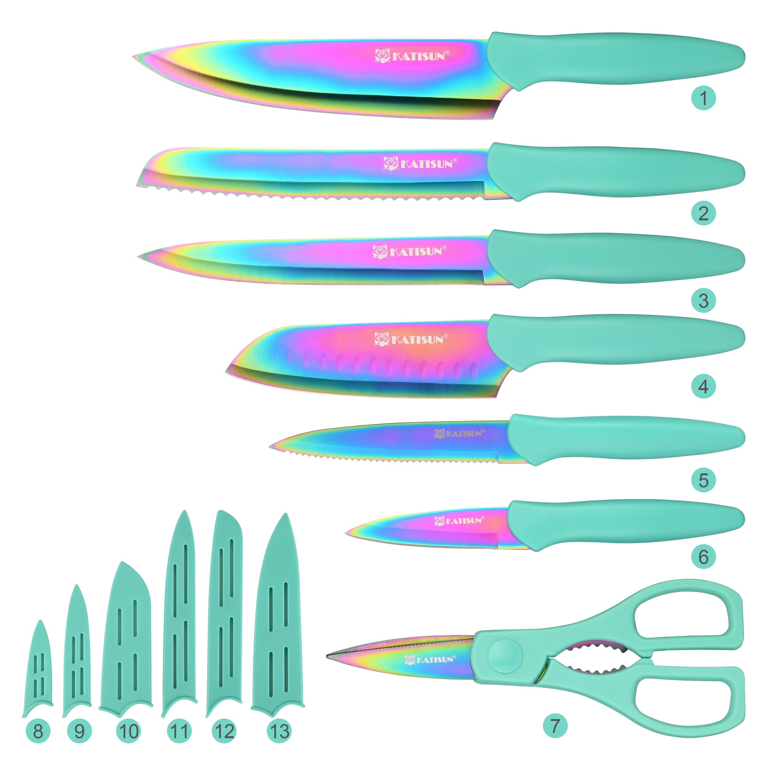 Set of 7 Rainbow Titanium Coated Stainless Steel Knives in a Box, Rust-Resistant And Dishwasher Safe, Includes 6 Knives with Blade Covers And Kitchen Scissors