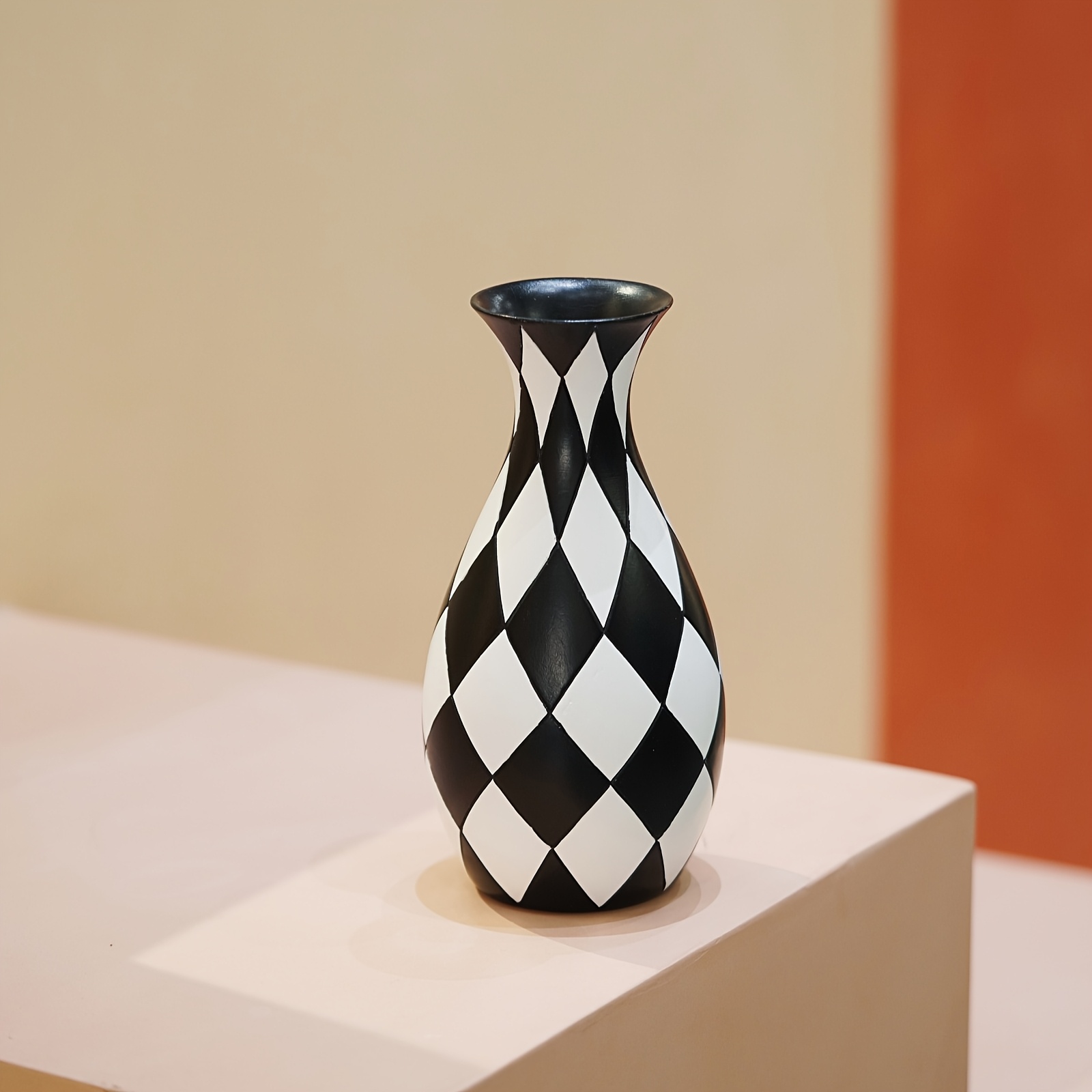 Image of Black And White Checkered Living Room Flower Vase, Home Decor Ornament, Desktop Study Decoration For Flower Arrangement