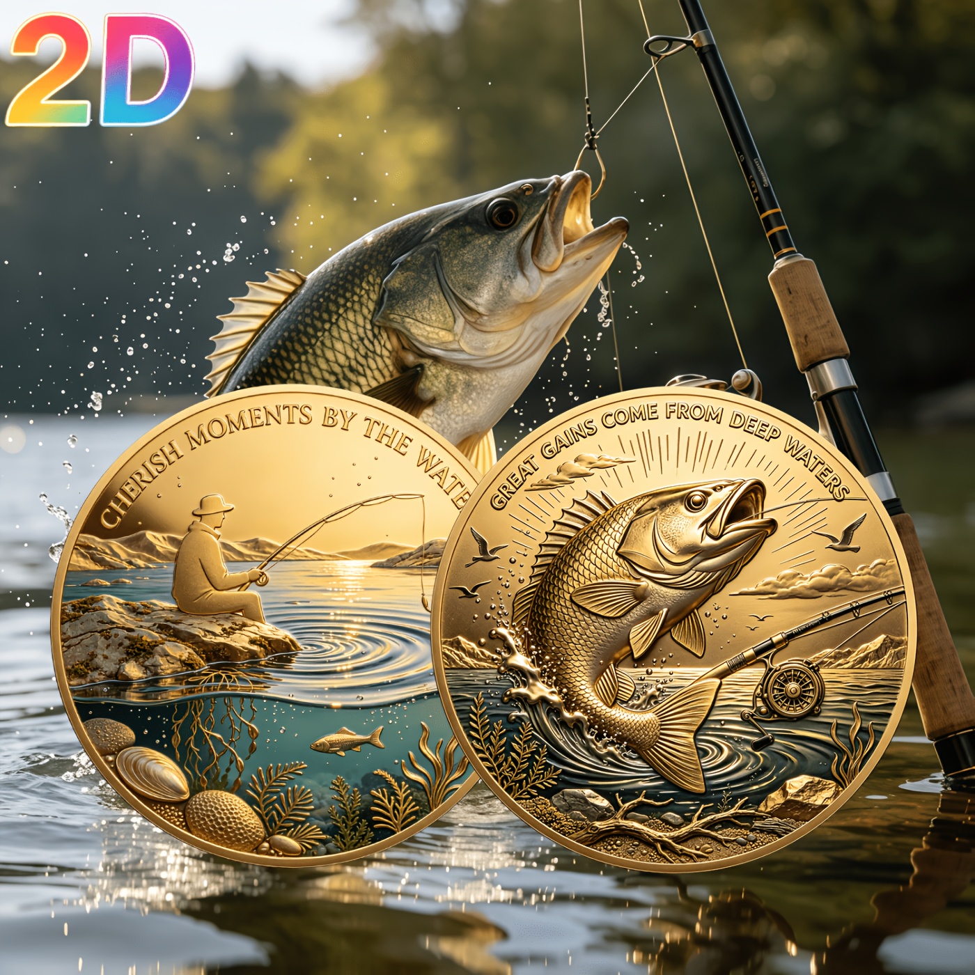 TEMU 1pc 2d Double-sided Fishing Theme Commemorative Coin, Lure/angling Souvenir Coin, Challenge Medal, Gift For Fishing Enthusiasts, Unique Coin,