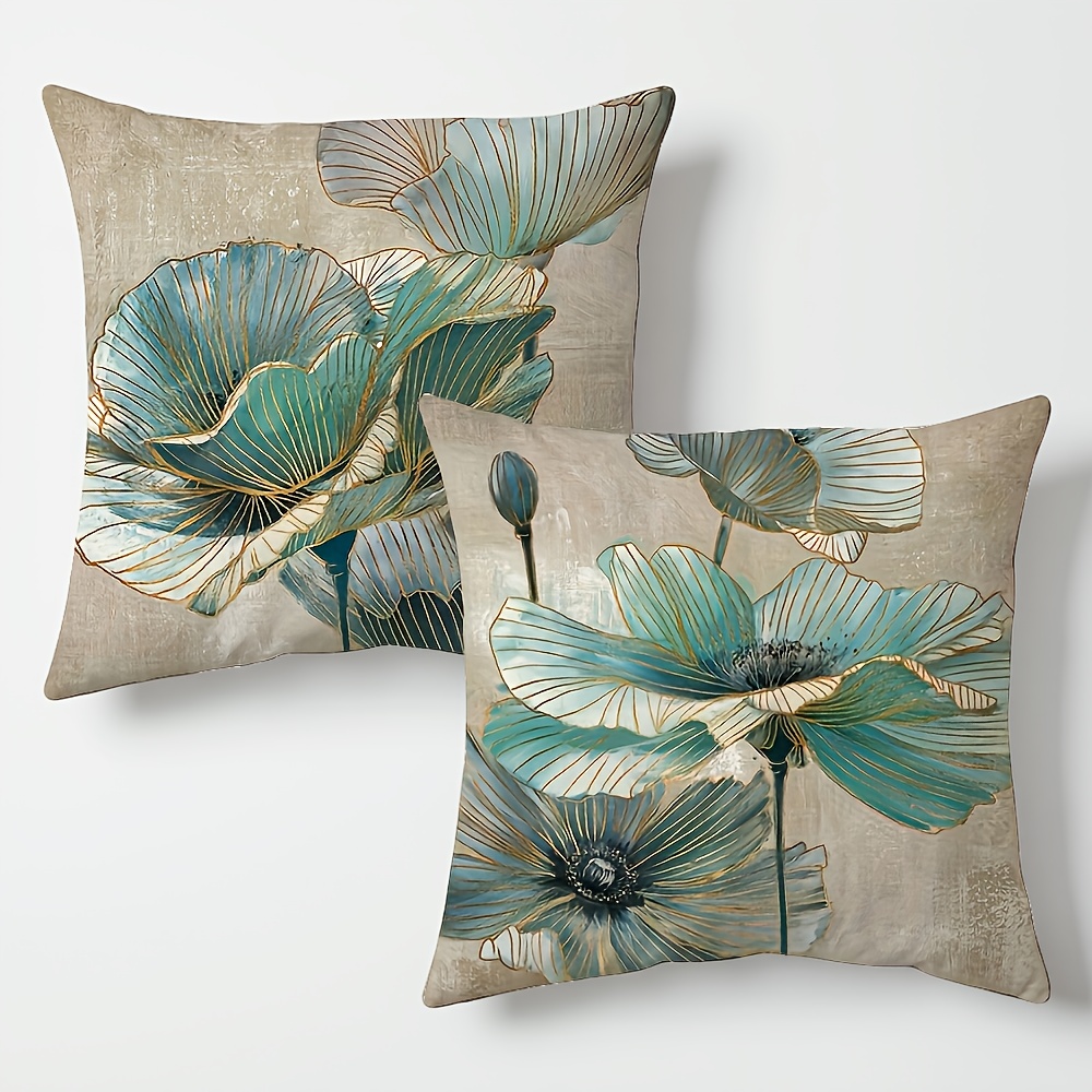 TEMU 2pcs Light Grey Floral Pillow Covers - Scandinavian Farmhouse Decor With Teal-blue Floral Accents, Zipper Closure Cushion Cases For Living Room,