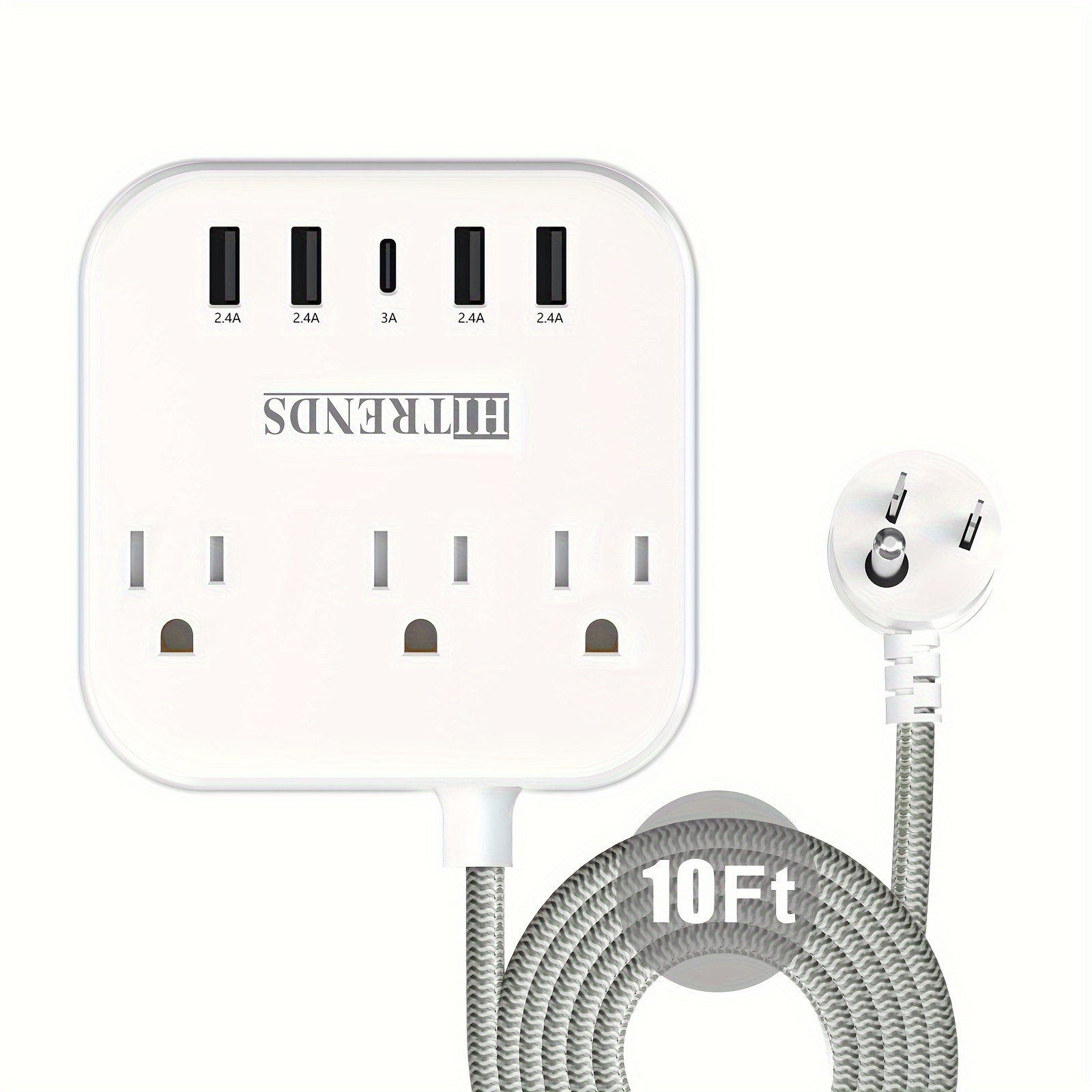 Regleta de alimentación de montaje en pared con USB, 4 salidas de CA y 2  puertos USB, cable de extensión de enchufe plano de 6.5 pies, toma de