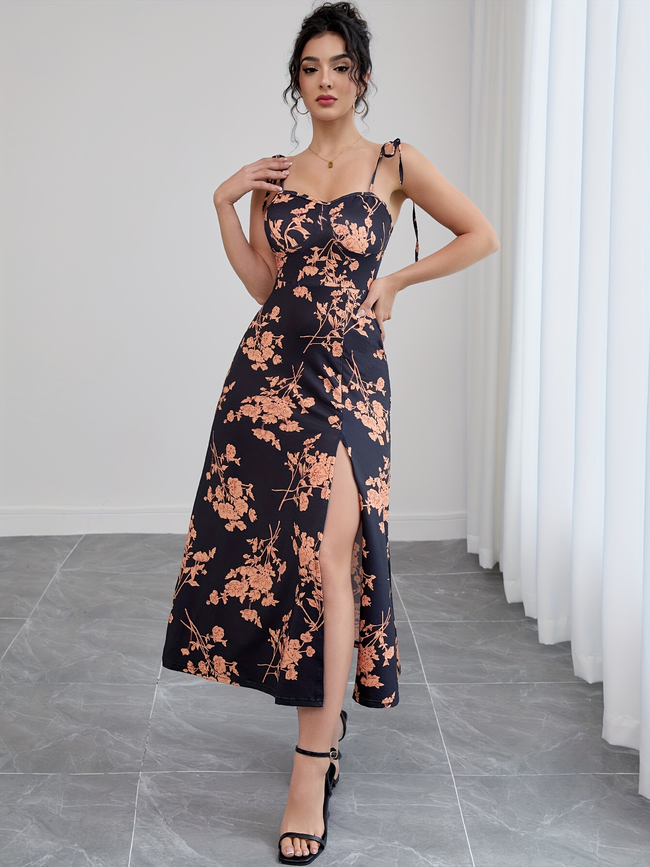 womens elegant black floral print dress formal party thin - Temu Mauritius