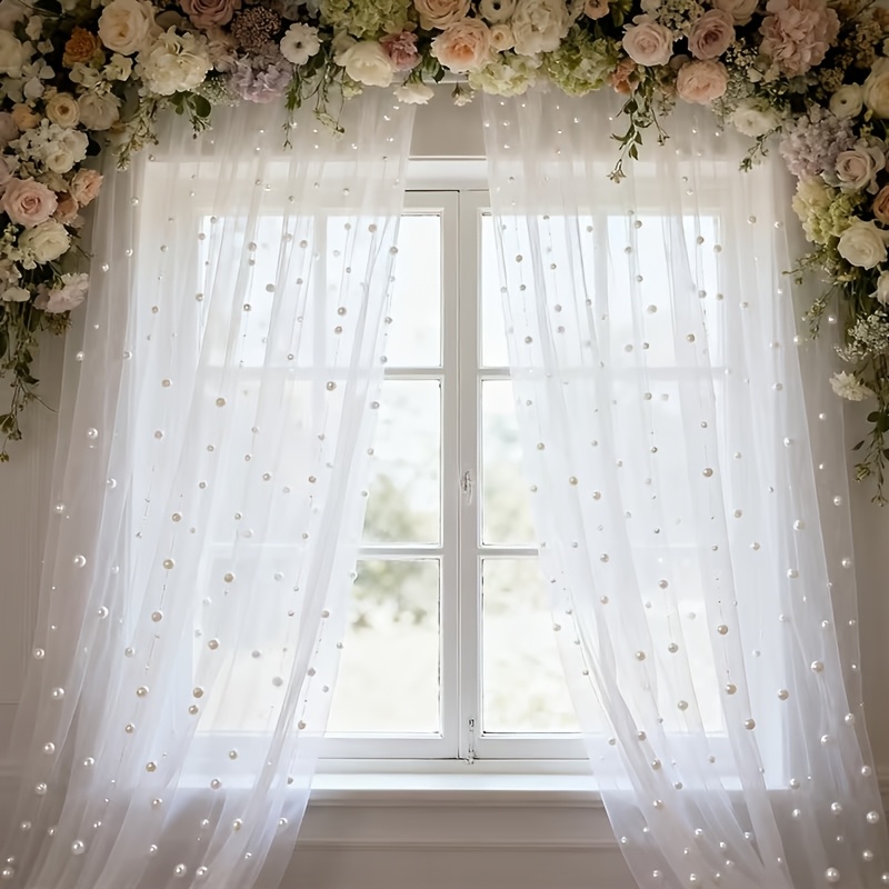 TEMU Cortinas Transparentes de Perlas Artificiales Blancas 2-D, 1 pza/2 pzas, con Diseño de Bolsillo para Barra Ajustable, Cenefas de Tul de Perlas