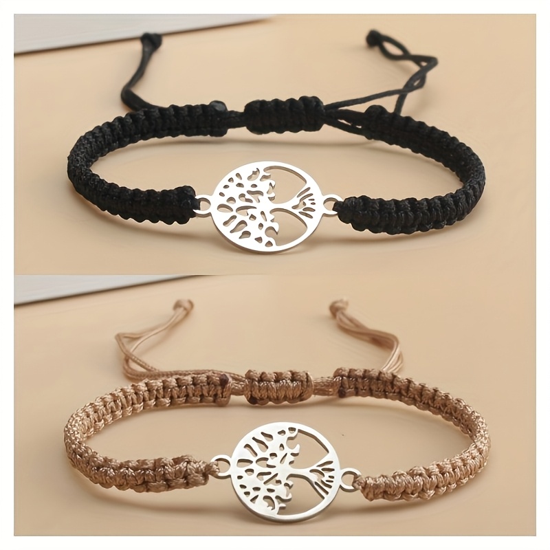 TEMU 2pcs Set Handmade Braided Rope Bracelet, Stainless Steel Round Of Bracelet, Handmade And Simply Adjustable, Suitable For Men And Women Daily
