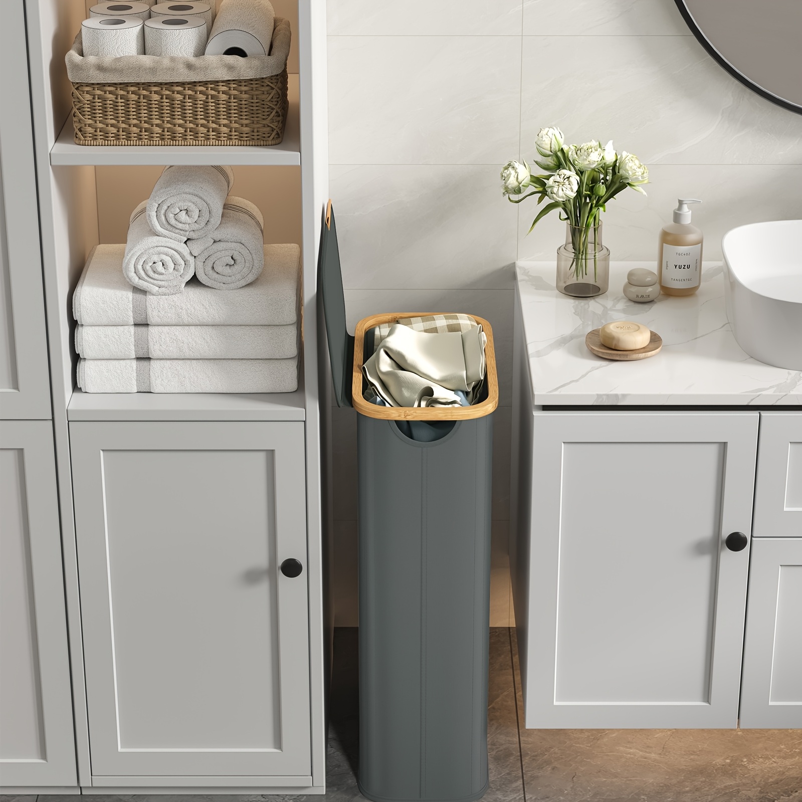 Image of Laundry Basket With Lid, Narrow Laundry Collector, Foldable, Bamboo Frame, For Laundry Room, Bedroom, Living Room, 70l, 42 X 22.5 X 70.5cm, Laundry Baskets