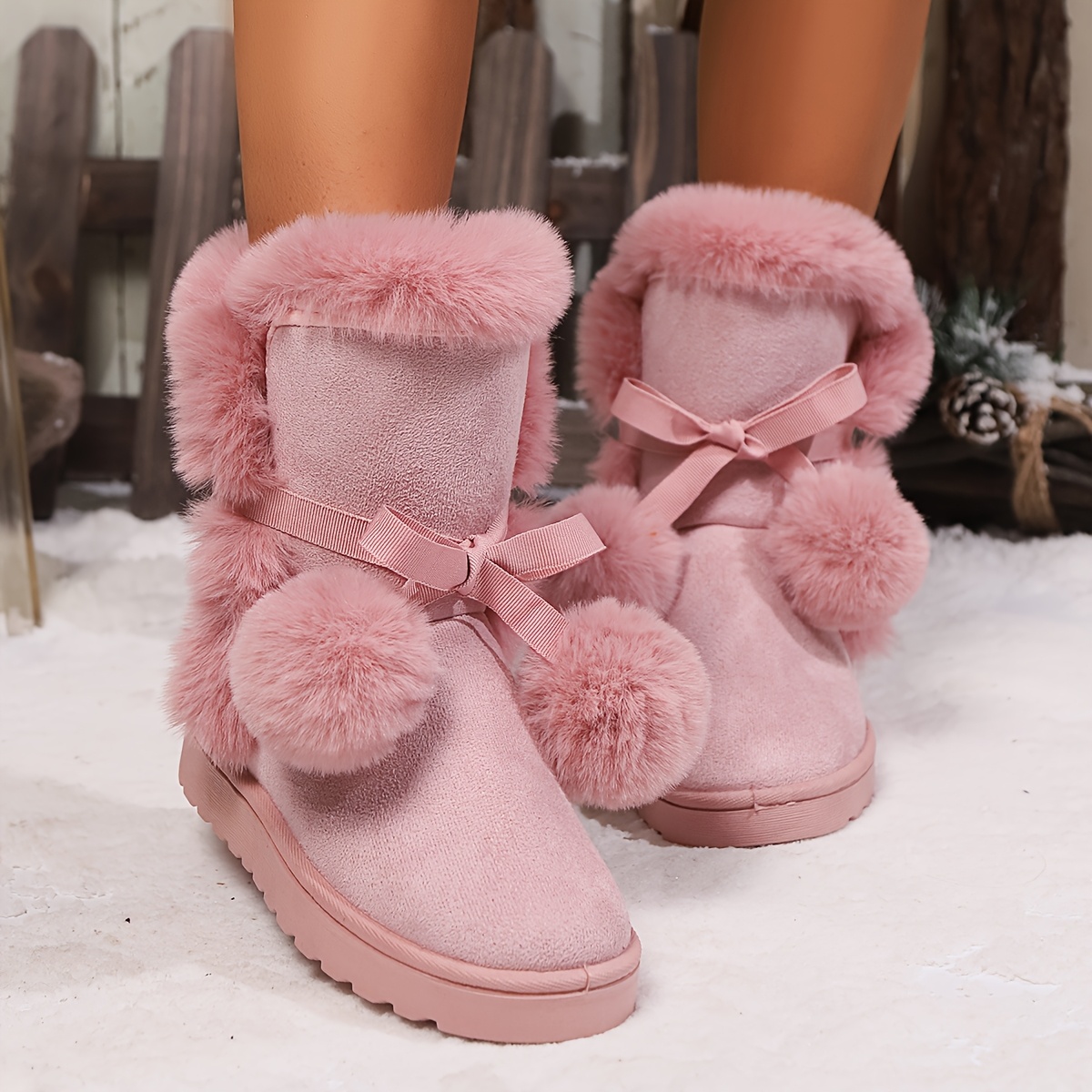 TEMU 2025 New Mid-calf Snow Boots For Women With Fluffy Pom-poms For