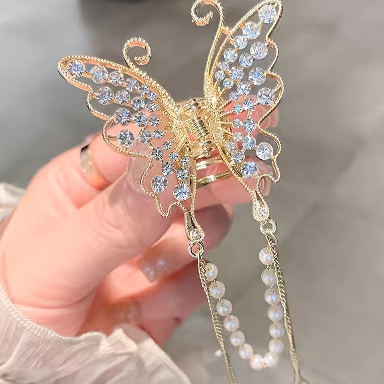 Image of 1pc Fashion Artificial Pearl Chain Tassel Crystal Hair Claws For Women Party Hair Additions