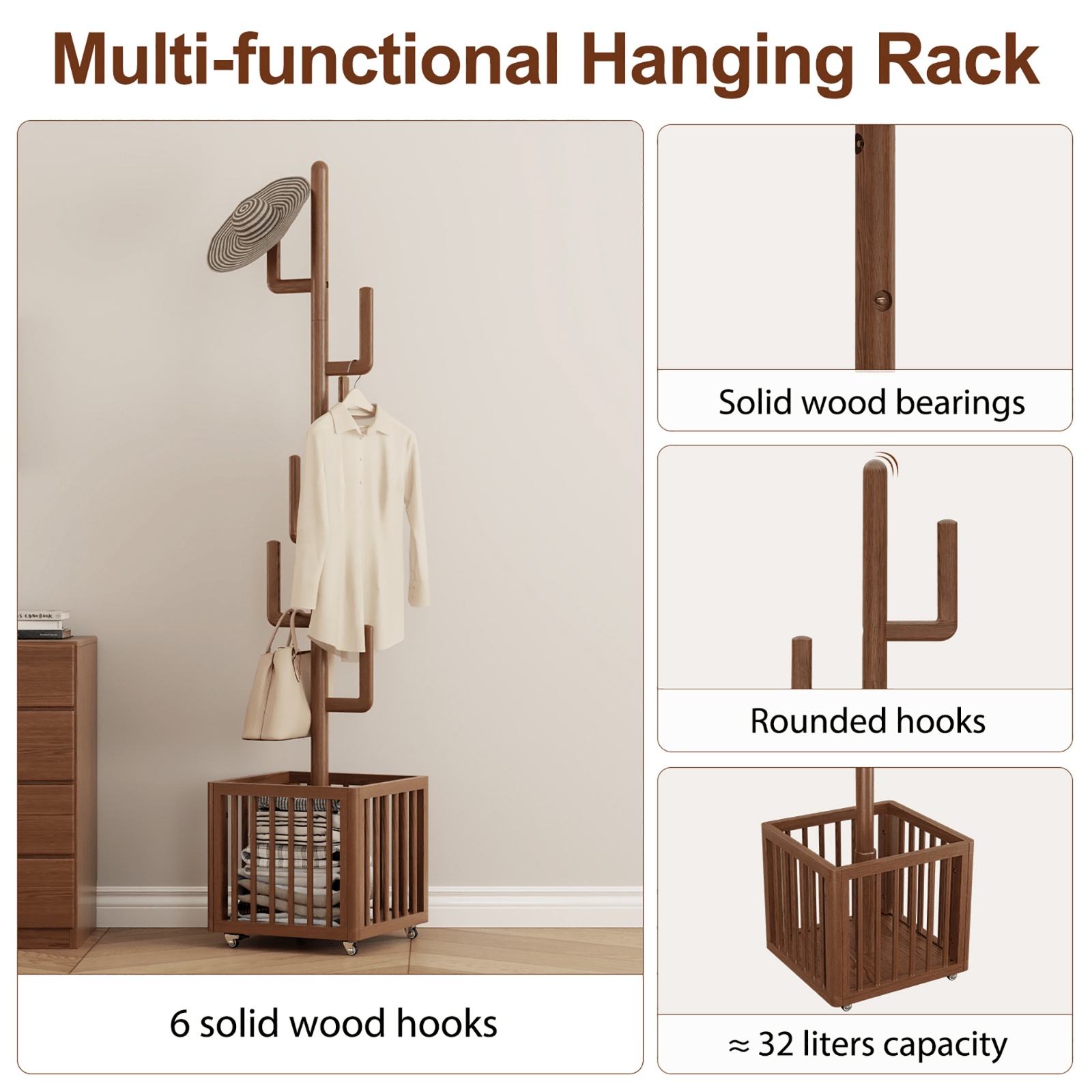Solid Wood Coat Rack Stand Hanging Clothes Rack with Storage Basket Storage Function Home Decor Free Shipping