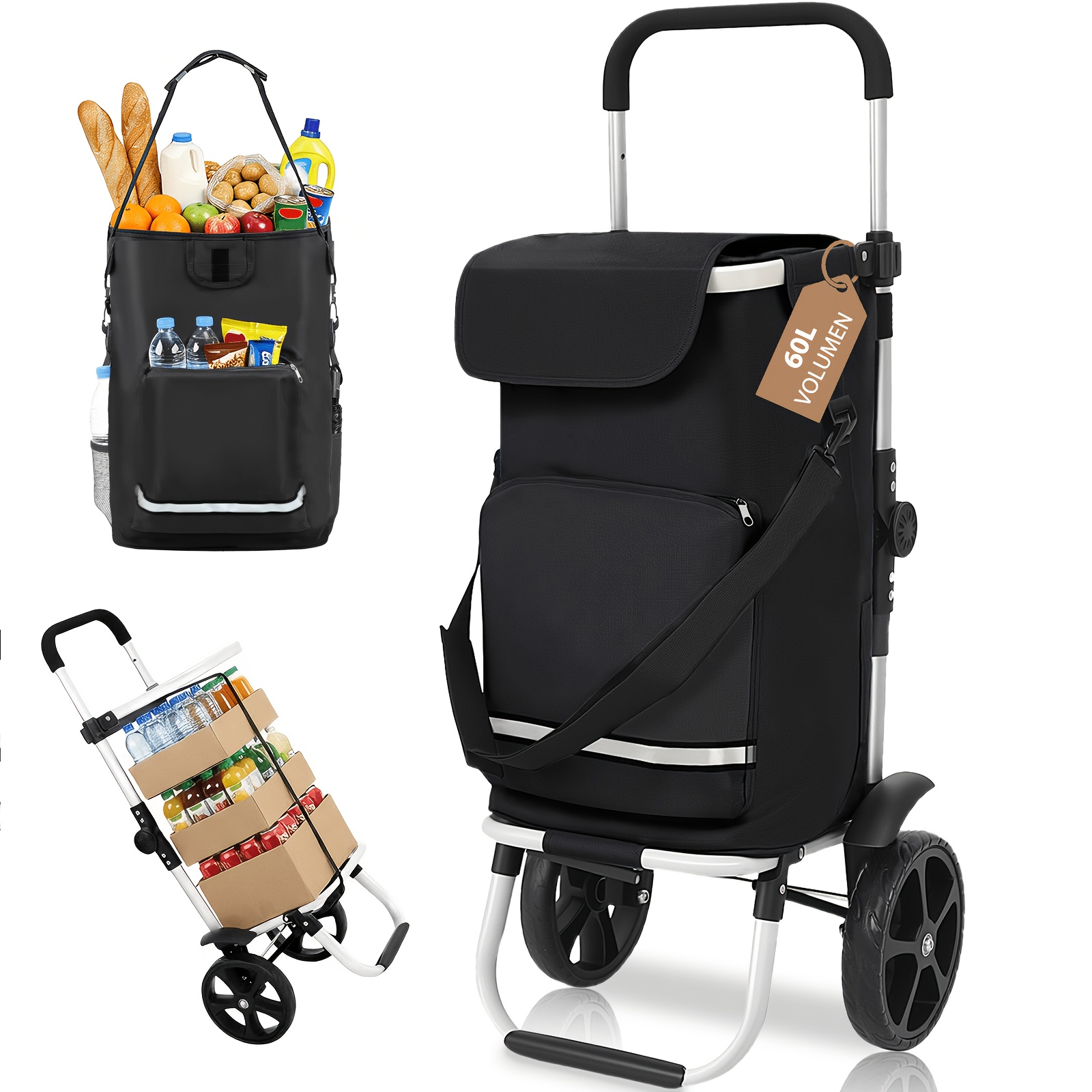 Image of Foldable 60l Shopping Trolley, 3-in-1 Foldable Aluminum Shopping Cart, Height-adjustable Handle, With Cooler Compartment And Beverage Holder, Extra Large For Shopping & Camping
