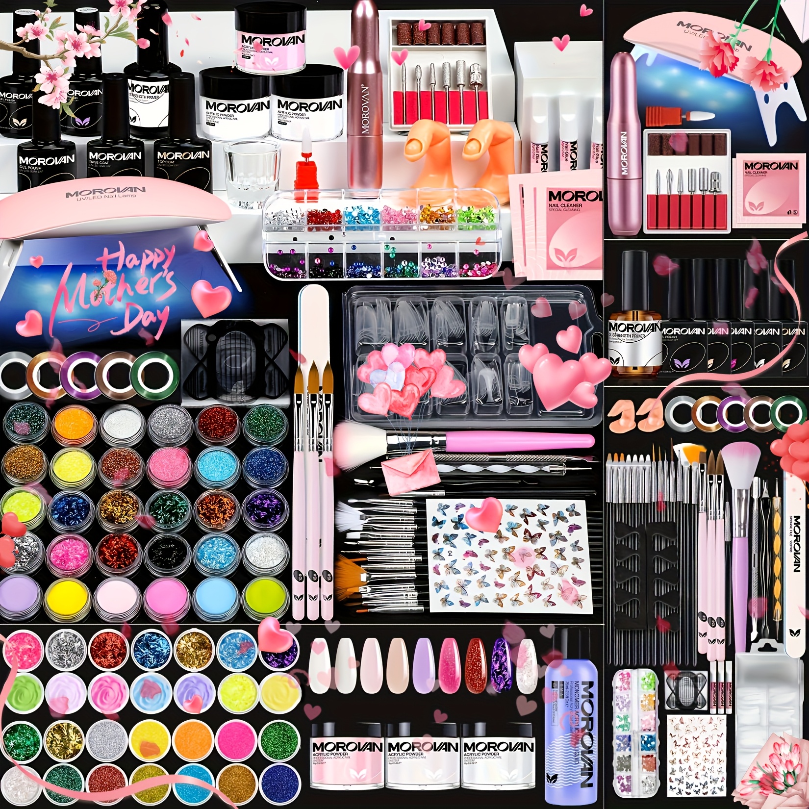 Morovan Acrylic Nail Gift Box Set 75pcs Beginner Nail Set, Professional Acrylic Nail Set.suitable for Beginner Acrylic Nail Set, Full Set Of Acrylic Nail Products, Nail Art Stickers, Suitable for Gift Giving On Mother's Day PINK CLEAR WHITE LAMP