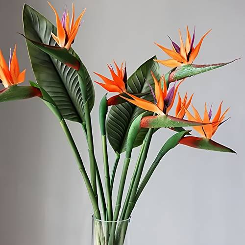 3 vivid artificial bird of paradise flowers flowers with green leaves orange and home office and wedding table centerpiece decorations