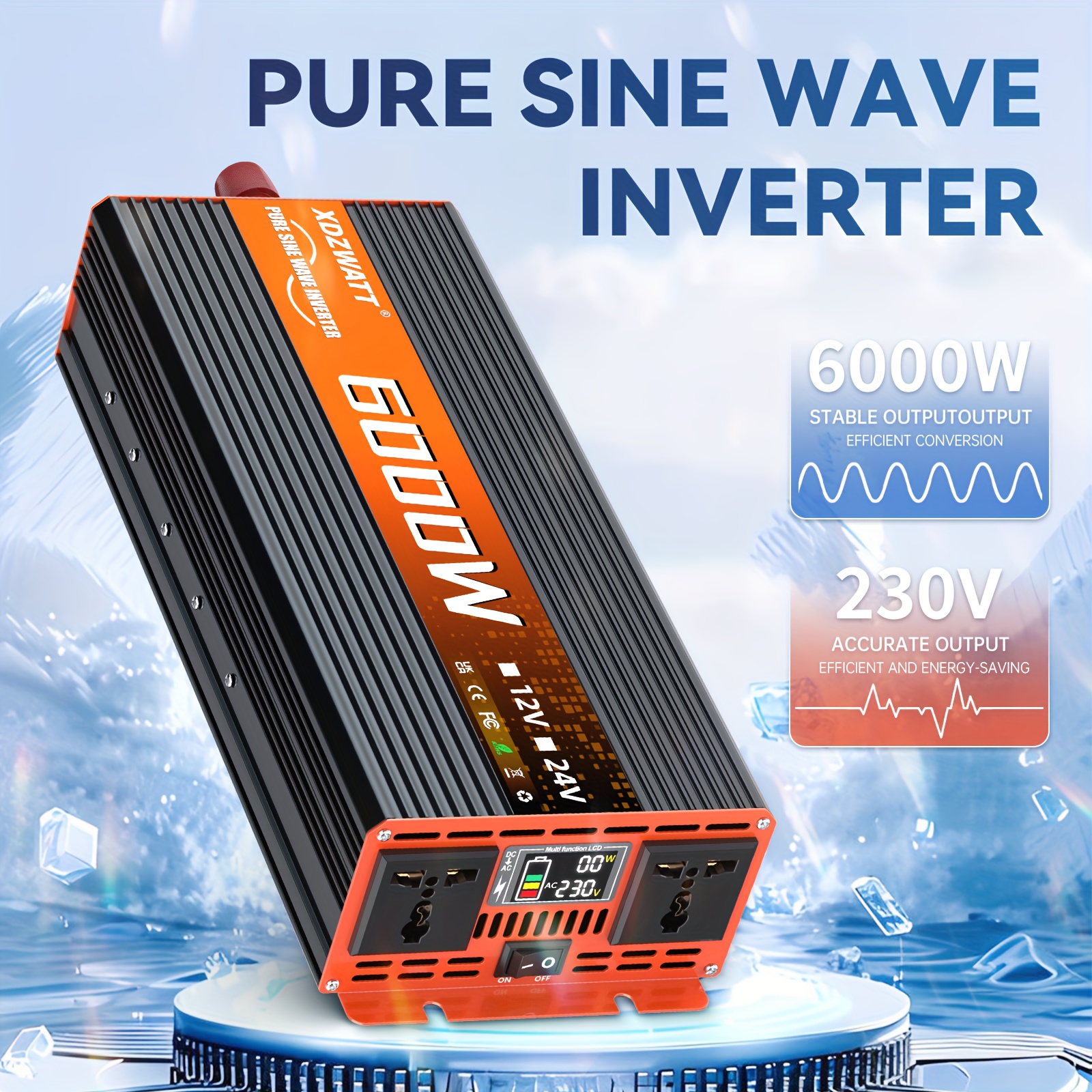 FLAMEZUM 6000W Pure Sine Wave Power Inverter - Heavy-Duty 12V DC to 230V AC Converter with Pure Sine Wave Output, Overload & Short Circuit Protection, Compact Design for RV, Car, Truck, Camping, Emergency Backup, Home, Boat - Compatible with 12V DC Systems, Rv Power Supply, Efficient Cooling System, Durable Construction, Rv Owners, Portable Energy Generator, Power Bank For Car Use Korean Type V Large Capacity, Portable Power Station, Solar Inverter, Hybrid Inverter, Pure Sine Wave