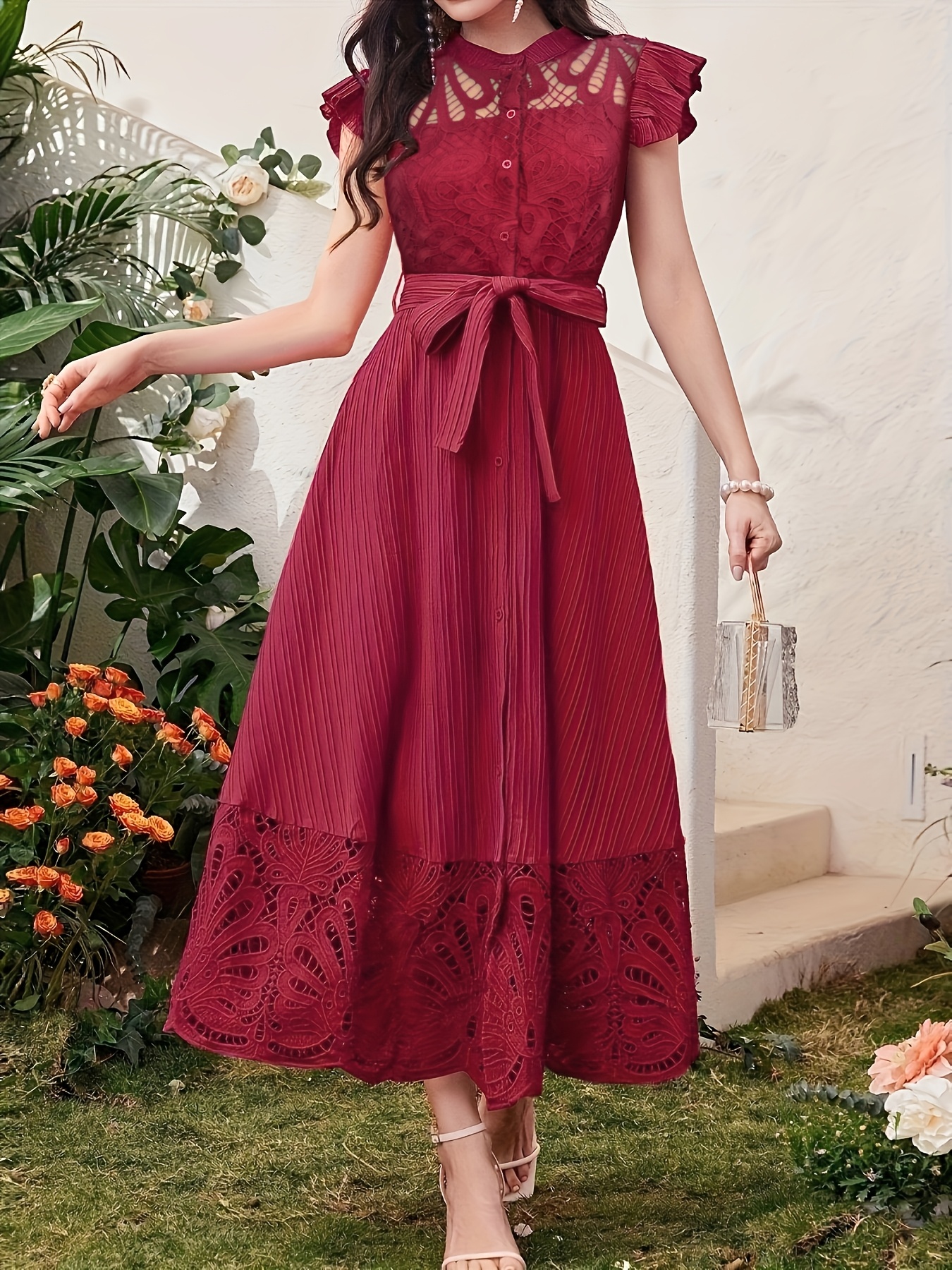elegant wine red long evening gown women chic belted midi Temu - Main Image