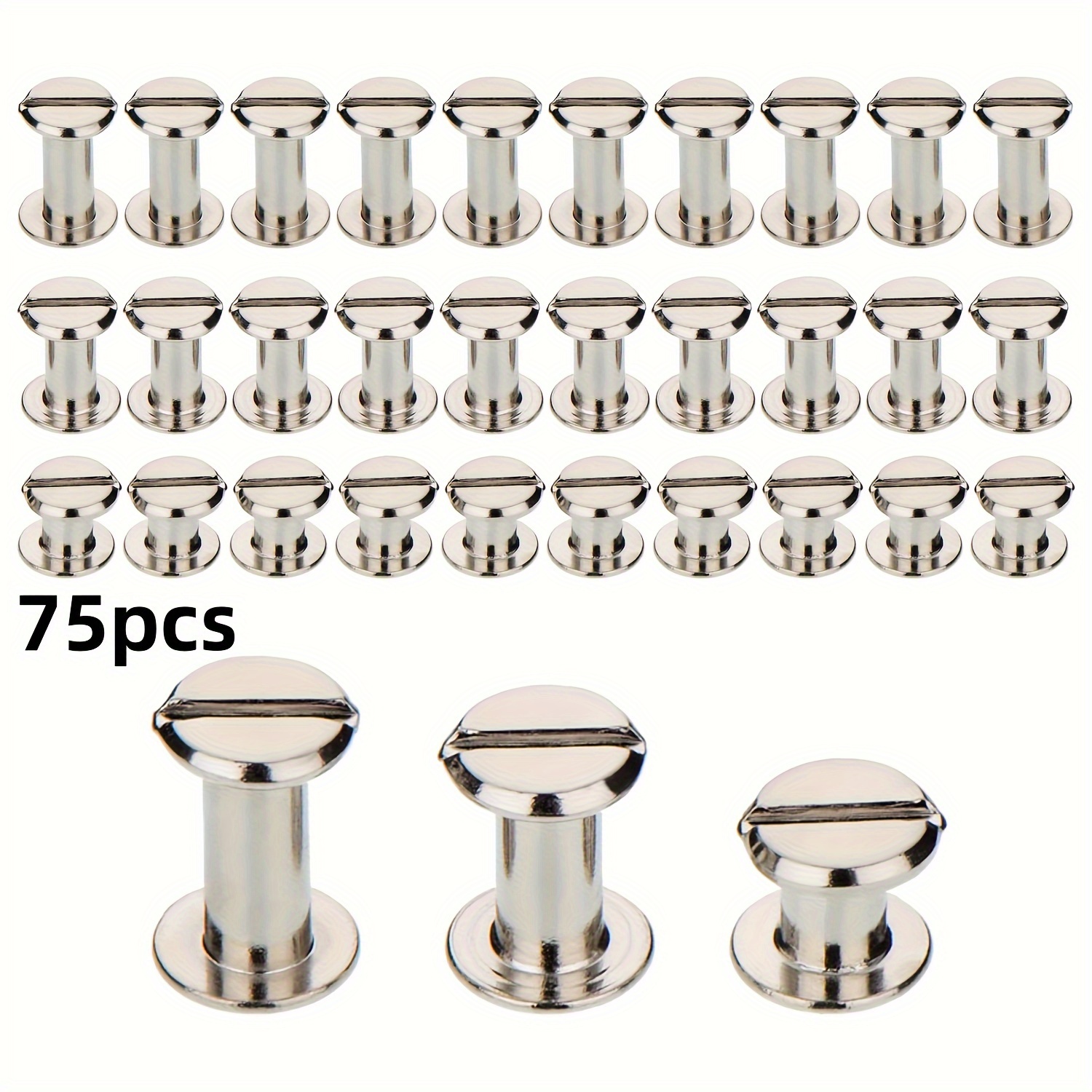 75pcs Screw Posts Metal Chicago Screws Binding Screws Leather Screws Rivets Buttons Solid Belt Fixing Screws, 1/4, 3/8, And 1/2 Inches, Silvery, 25 Sets Size