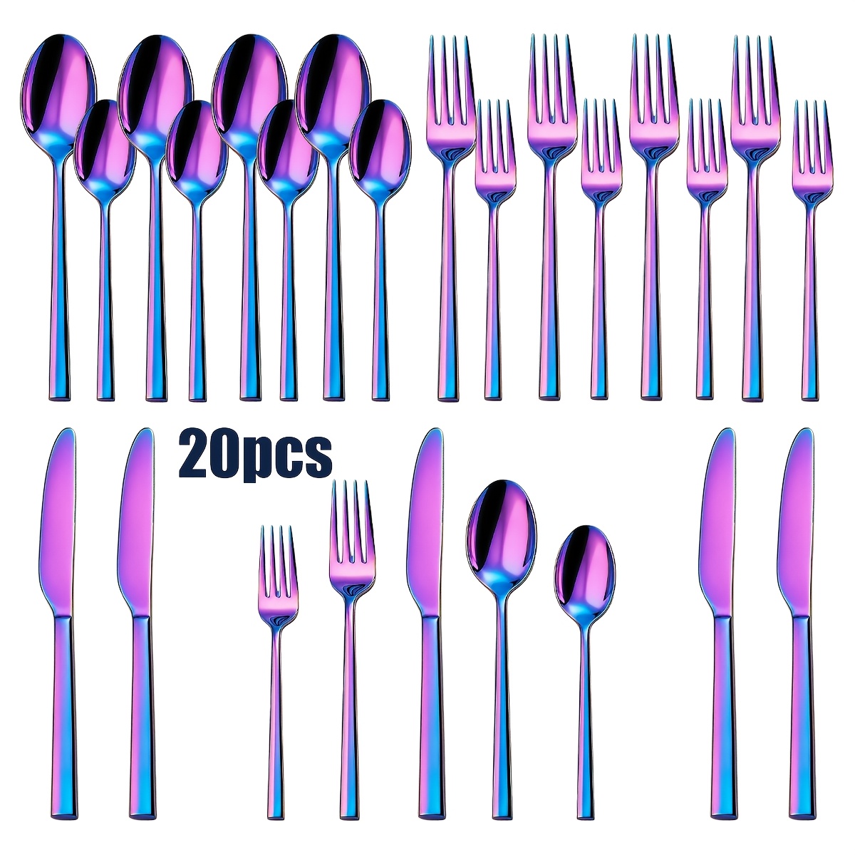 Image of 20pcs 20pcs Holographic -changing Cutlery Set Suitable For 4-person Tableware, Complete Knife Utensils With Shiny Mirror, Holographic Tableware For Parties, Bridal Showers, Dorms, Instagram Home Decor