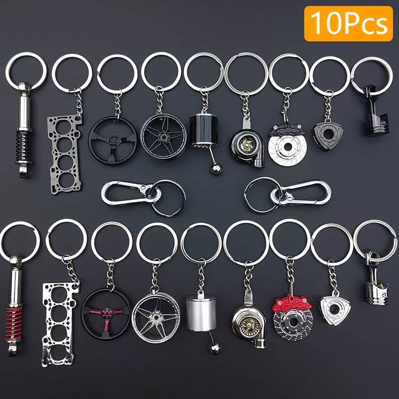 

10pcs Car Keychain Set - Zinc Alloy, With Gear Shift, Turbo, Wheel Hubs & More - Perfect Gift For Auto Lovers, Car Accessories, Shock , , Brake Disc, Piston