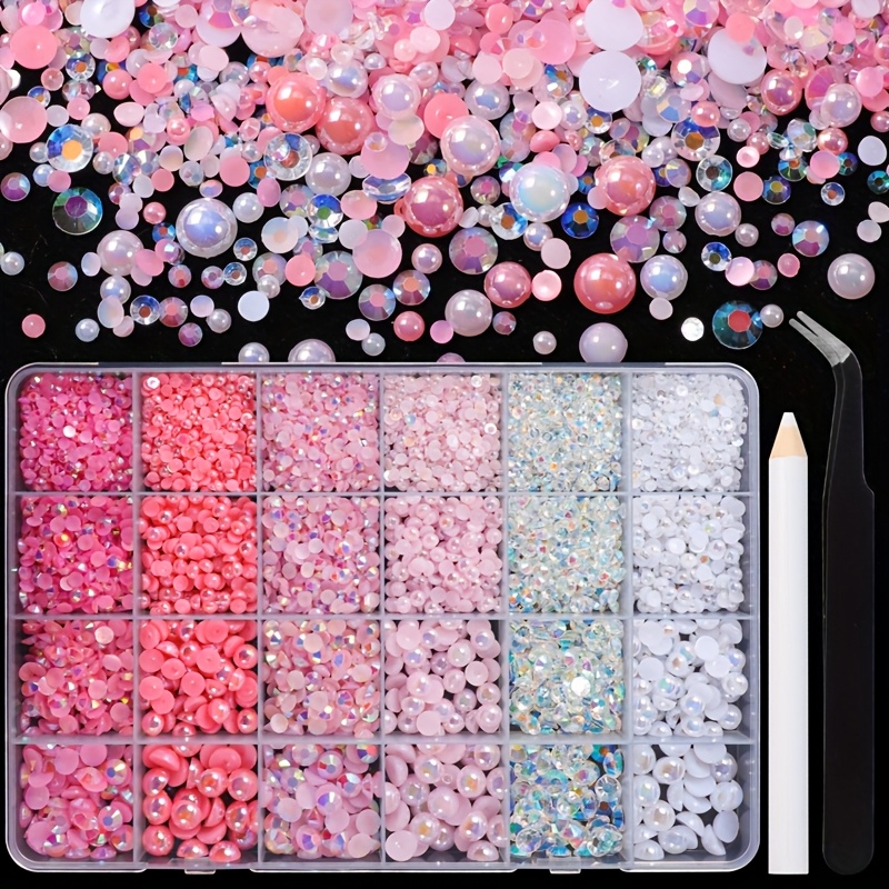 kit of 9000pcs of pink and white flatback pearls and rhinestones in assorted sizes from 3 to 8mm   nail art crafts and decorations   with tweezers and a pickup pencil