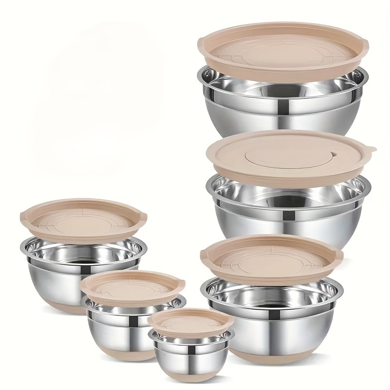 

Khaki Salad Bowl Set With Lids, 6pcs Mixing Bowls With Lids, Stainless Steel Nesting Storage Bowls Kitchen Food Container Bowl For Cooking