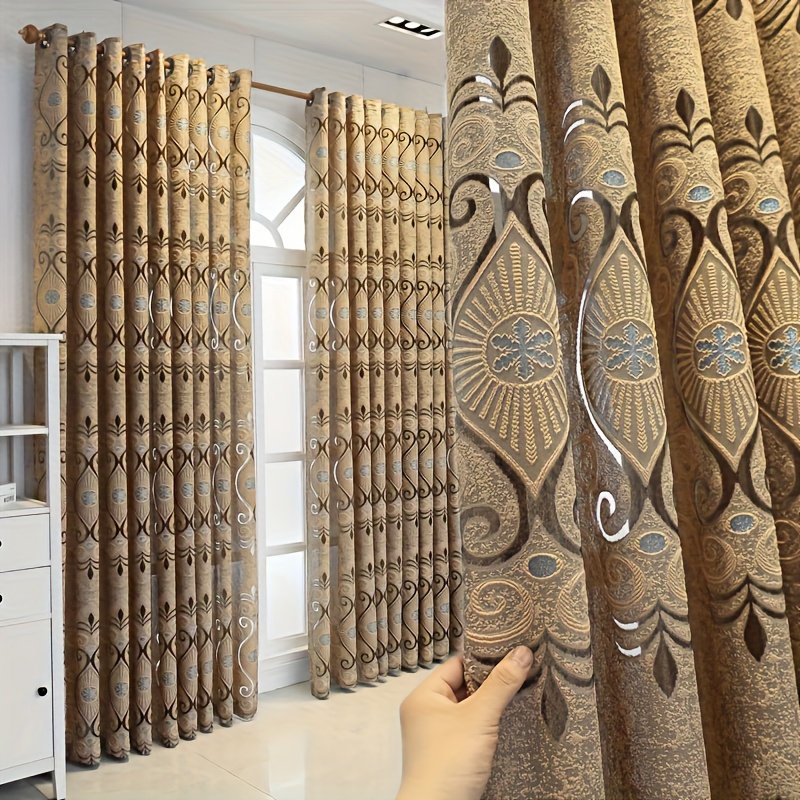 1 Pano de Cortina Europeia Retro Espessa - Gaze Jacquard Cor de Café com Desenhos Florais