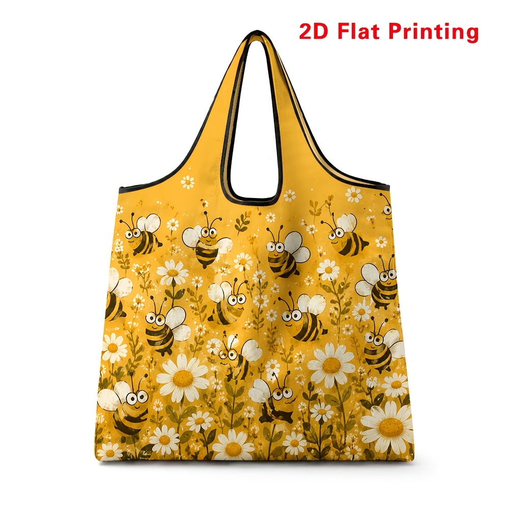 TEMU Foldable Shopping Bag With Cute Bee And Daisy Print, Large Capacity Portable And Durable, Suitable For Daily Use, Travel