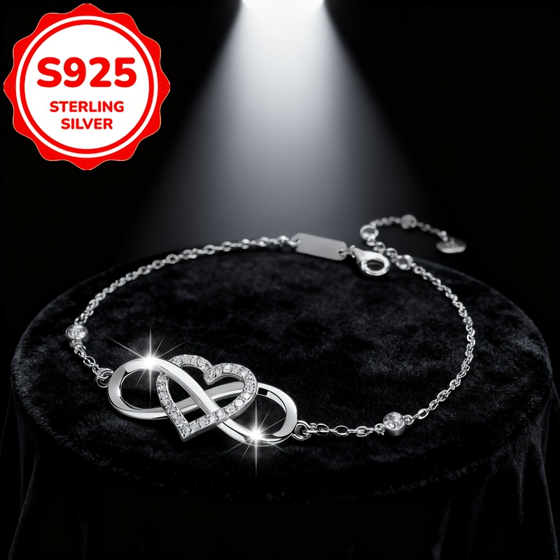 Women's S925 Sterling Silver Double Heart Large Number 8 Bracelet