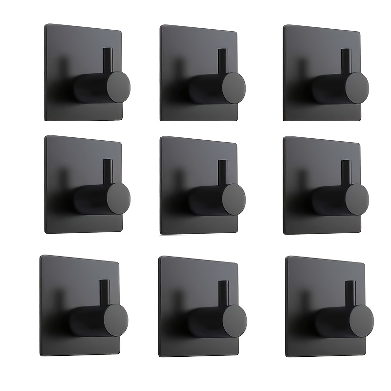 Image of A Set Of 9 Modern Black Wall Hooks Designed For Bathrobes And Towels, Featuring Strong Adhesive For , Suitable For Kitchens, Bathrooms, Showers, Behind Doors, As Well As For Coat Racks And Key Hooks