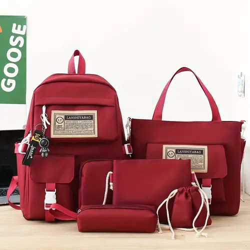 5pcs solid color backpack set large capacity double shoulderbag simple tote pencil bag casual crossbody lightweight student shoulder bag