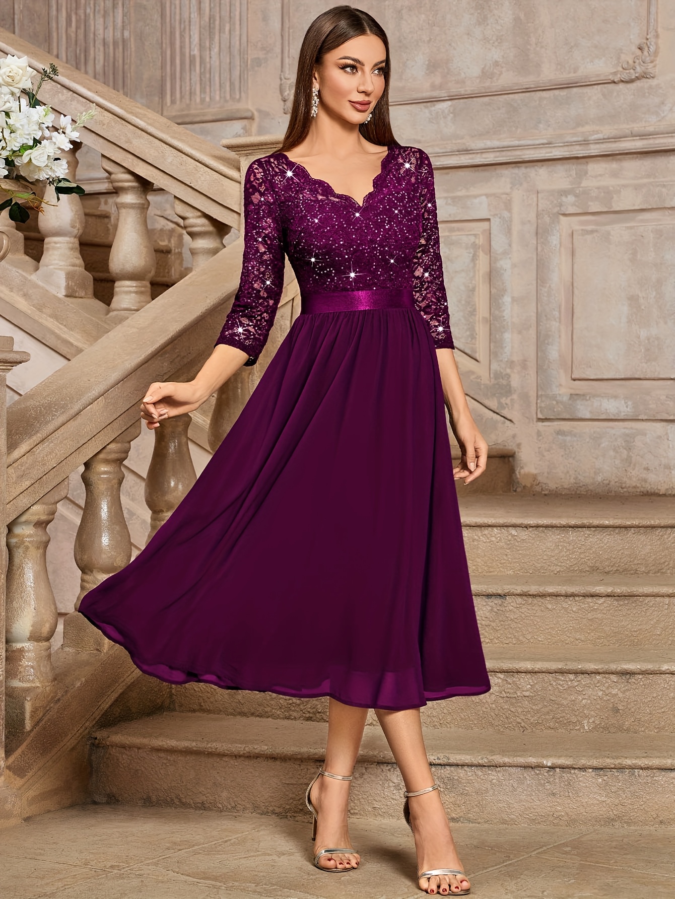 womens elegant sequined lace v neck 3 4 sleeve lace contrast - Temu United  Arab Emirates