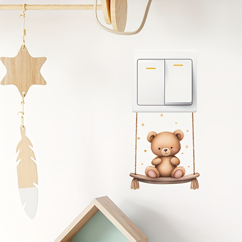 Image of 4pcs Cute Teddy Bear Wall Stickers - Self-adhesive Pvc Switch Plate Decals For Switches & Outlets, Room Decor, & Stick Wallpaper-like Border (no Residue) - - Outlet Cover (brown/beige)