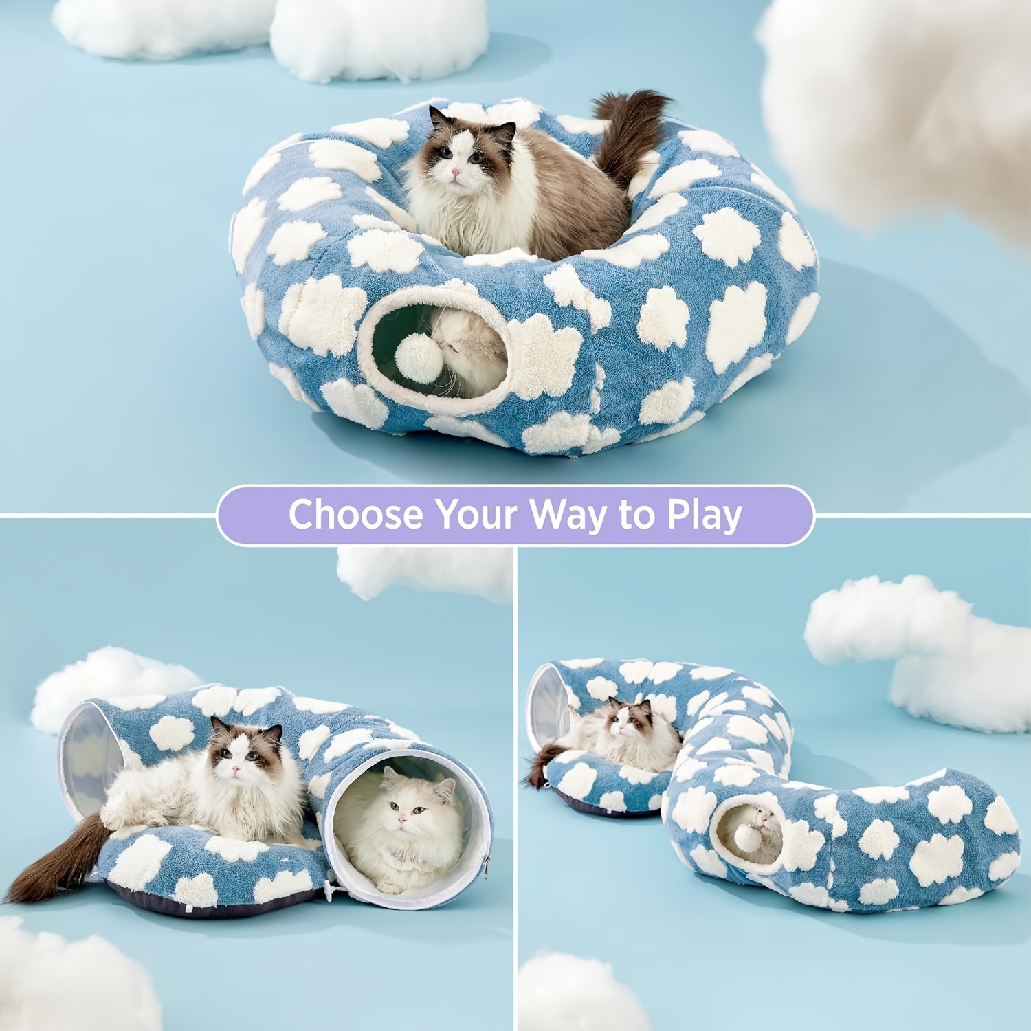 Plush Cat Tunnel in Light Blue Cloud & Green Small Flower Donut Design