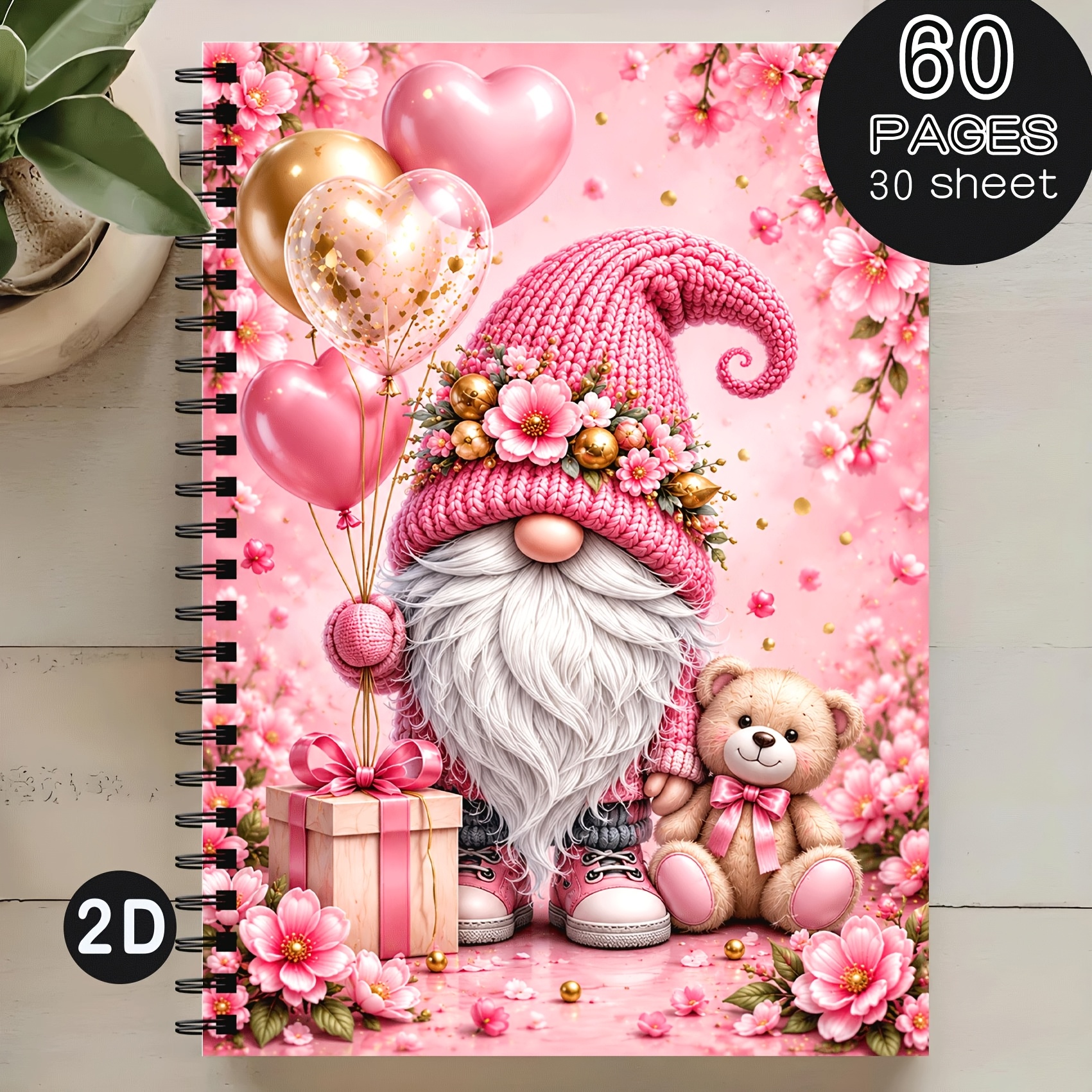TEMU Carnet à spirale Gnome Ballon Cœur floral marin, 30 feuilles au total 60 pages, Carnet de notes de poche, Enregistrement , Notes , Capture