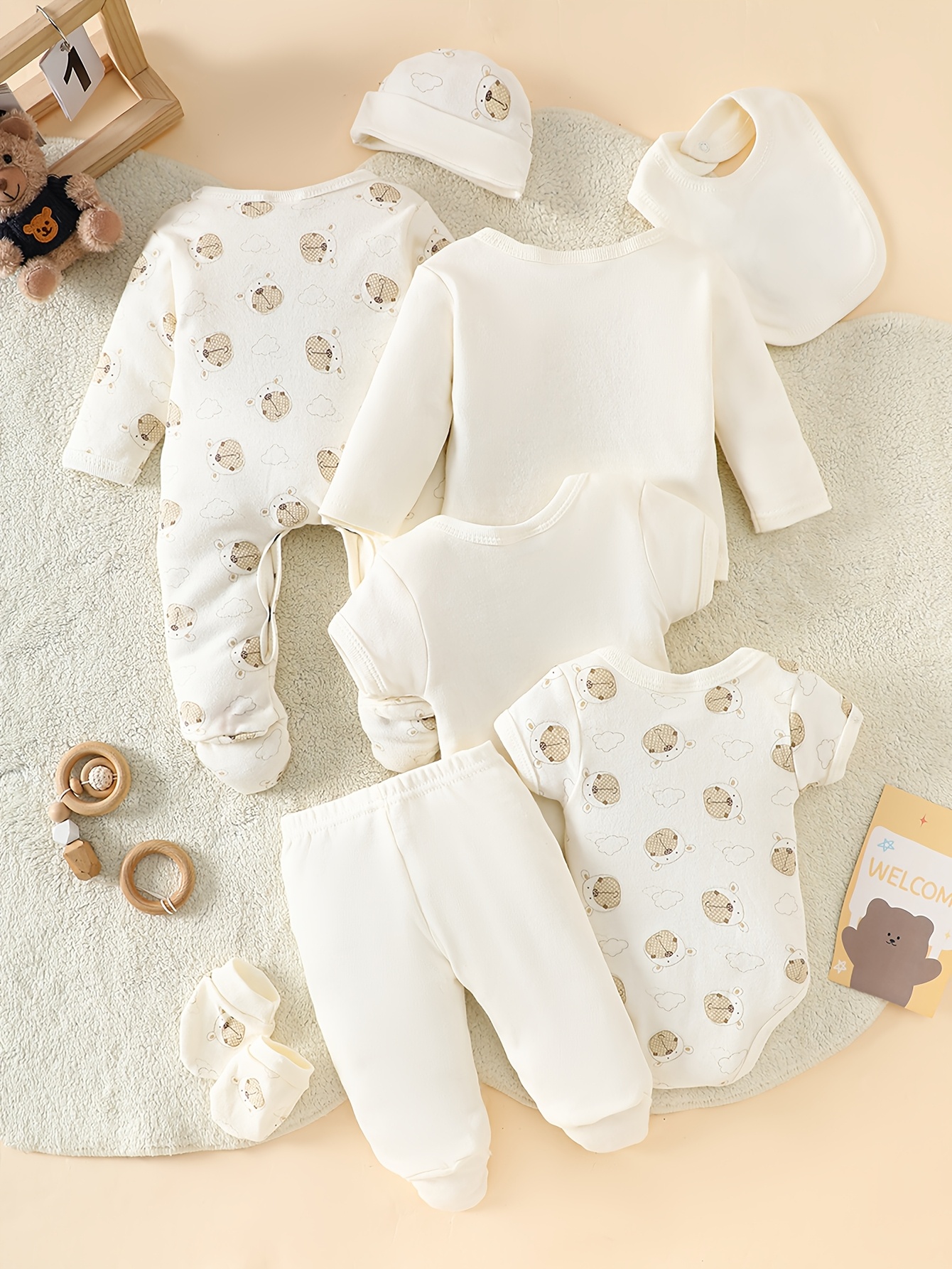 8pcs Newborn Baby Set with Hat and Bib, Cartoon Pattern